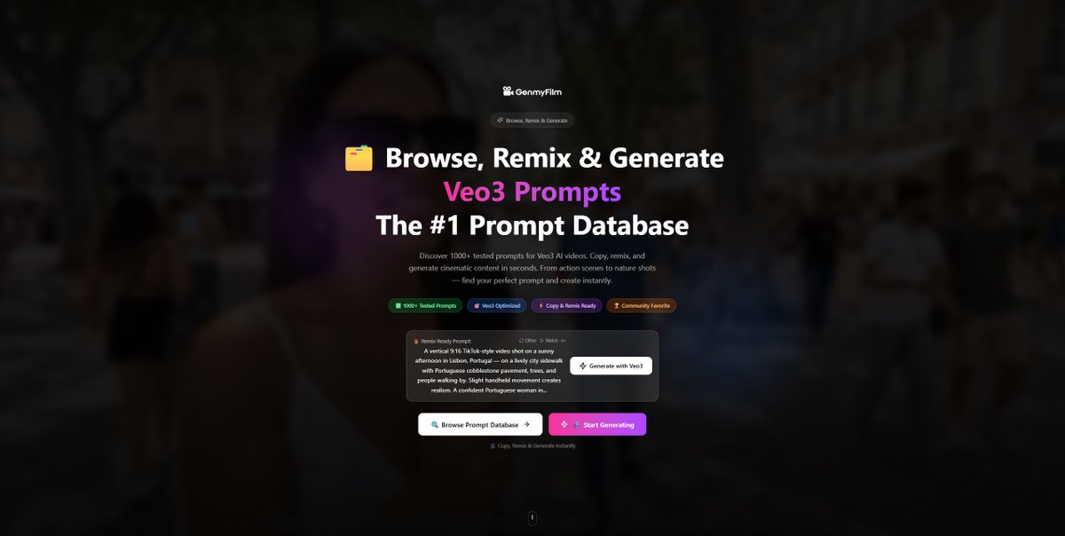 🚀 Plot twist: Built an AI video generator in 24h...

Realized we were solving the wrong problem.

Nobody needs another "generate video" button.
Everyone needs the 😮SECRET SAUCE → the prompts that actually work.

So we pivoted. Hard.

GenmyFilm is now the world's #1 Veo3 prompt