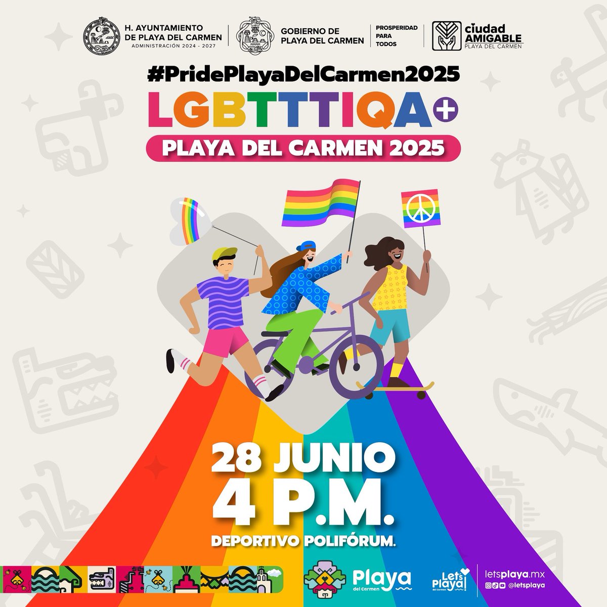 🏳️‍🌈 Este 28 de junio, #PlayaDelCarmen marcha con orgullo.

Nos vemos a las 4:00 p.m. en el Poliforum para celebrar la diversidad, el respeto y el amor.

Porque aquí, todas las identidades son bienvenidas.

#PridePlayaDelCarmen2025 #CiudadAmigable #LetsPlaya