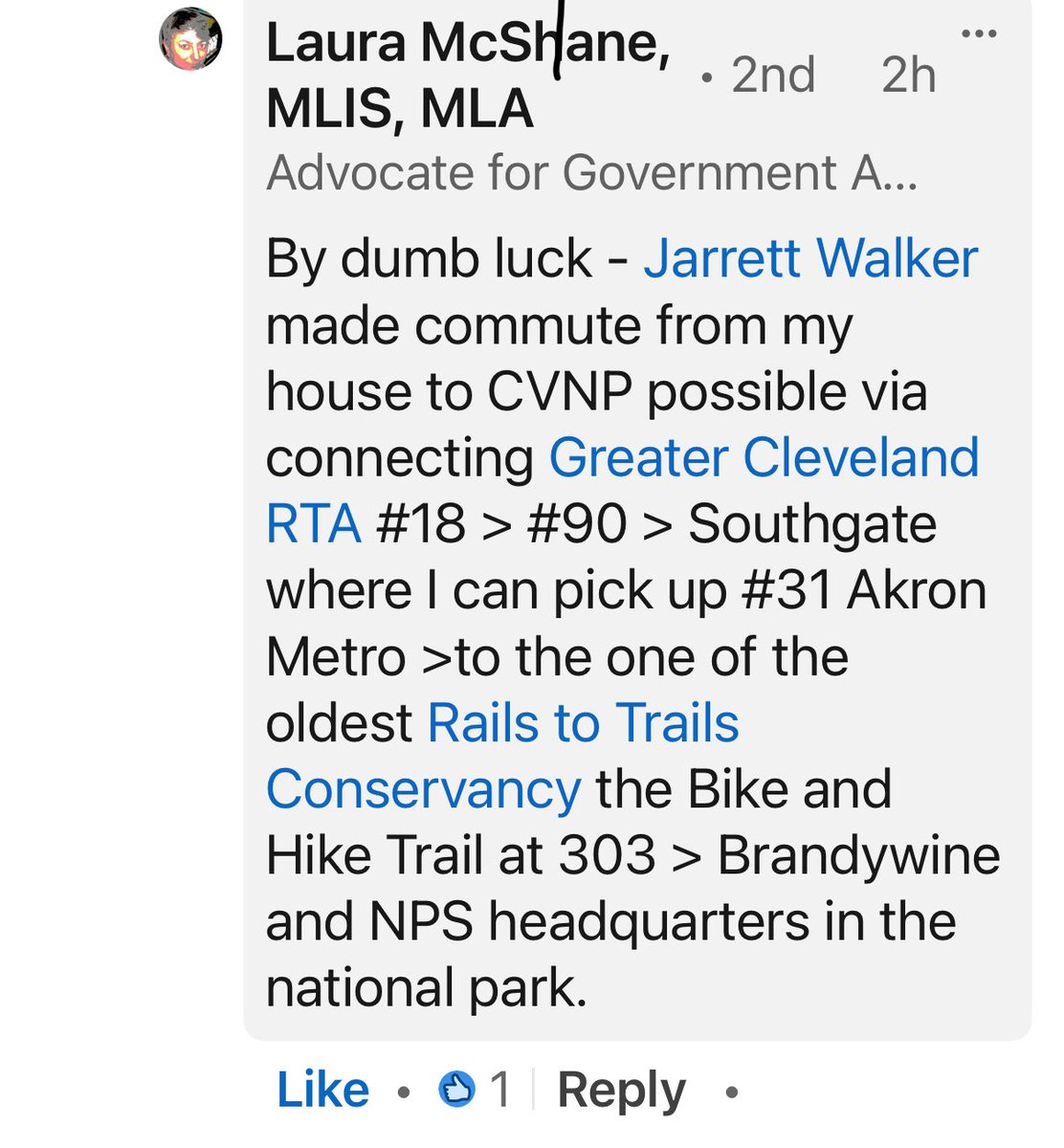 As a designer of bus networks it is always great to hear that something I did improved somebody's life. In this case better access to the Cuyahoga Valley National Park for Cleveland cyclists.