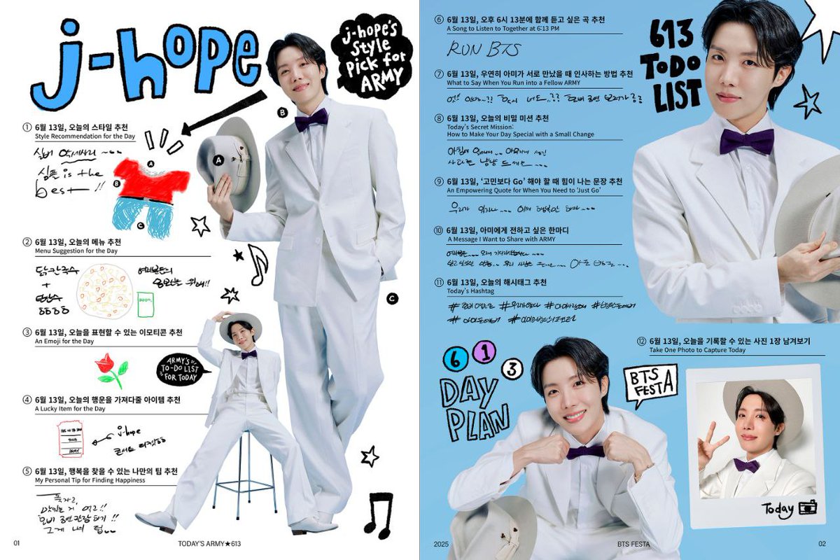 bangtanboys_sv's tweet image. J-hope – 613 Day Plan

J-hope quiere que tu #613Day sea divertido, feliz y lleno de esperanza.

¡Sigue su plan para brillar como él!

👔 Look del día:
Traje blanco con pajarita morada. ¡Impecable y con estilo Hobi! 💜

🍜 Menú del día:
Tteokbokki con queso o bibimmyeon. 
⬇️⬇️