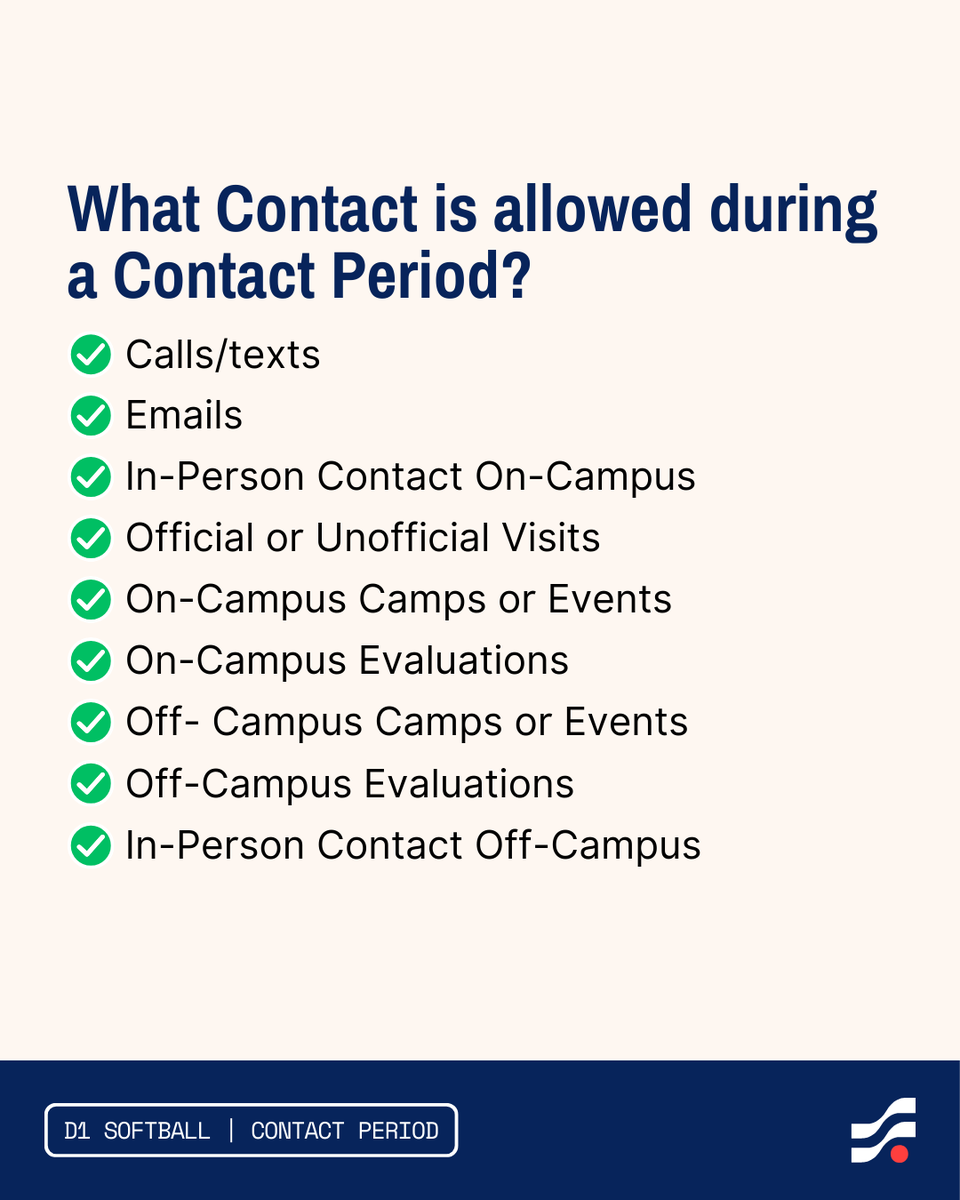 Division I Softball has shifted to a Contact Period until July 31st. Swipe ➡️ to learn more about what this means for your process. 🥎

To learn about when college coaches can start contacting you check out the link to our Recruiting Resource Center 🔗 hubs.li/Q03r6Q520