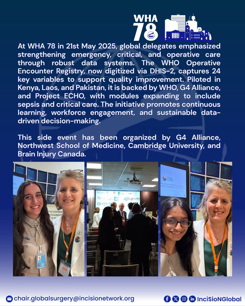 InciSioNGlobal's tweet image. 🧠📈 InciSioN joined a powerful WHA78 side event on data-driven surgical care, hosted by G4 Alliance, NW School of Medicine, Cambridge, Brain Injury Canada &amp;amp; CTRC.

#WHA78 #GlobalSurgery #DataDrivenCare #InciSioN