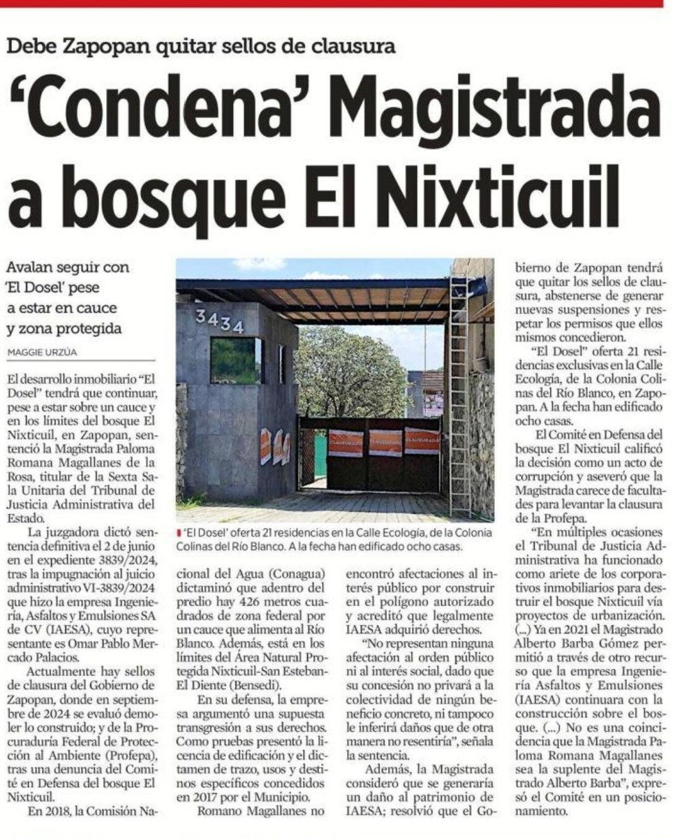 #BOSQUES ⚖️❌🌳
La magistrada del <a href="/TJAJalisco/">TJAJalisco</a>, Paloma Romana Magallanes, ordenó a <a href="/ZapopanGob/">Gobierno de Zapopan</a> que permita la construcción del fraccionamiento El Dosel, obra irregular que colinda con el área natural protegida del bosque El #Nixticuil y que invade el arroyo Guayabos.

📝 <a href="/MagUrzua/">Maggie G. Urzúa</a>