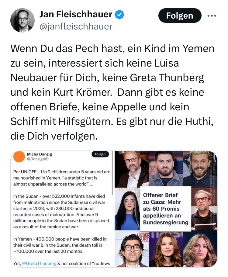 Wenn Du das Pech hast, ein Kind im Yemen zu sein, interessiert sich ein weißer Mann in Deutschland nur für Dich, wenn er Dich gegen die Kinder in Gaza ausspielen kann.