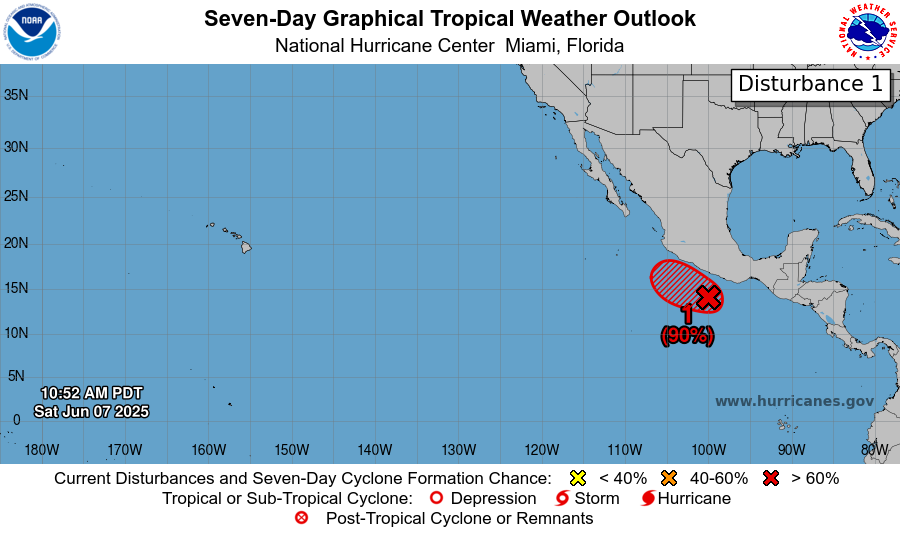 NHC_Pacific's tweet photo. #EP92 is close to becoming a tropical depression or tropical storm, and it will likely become one later today or tonight.  Locally heavy rains are possible along portions of the southwestern coast of Mexico 
during the next couple of days.  Visit https://t.co/Oy8uoeRKme for more. https://t.co/03GOG3bUrK
