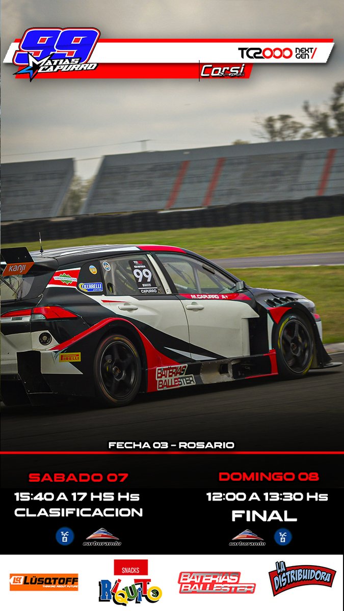 Arrancó la actividad en el <a href="/AutodromoRos/">Autódromo Rosario</a>
🚥📷🏁

El #TC2000 puso en marcha una nueva fecha del campeonato 🏆

Compartimos horarios de transmisión #EnVivo 📺
<a href="/TyCSports/">TyC Sports</a> <a href="/CarburandoTV/">Carburando</a>