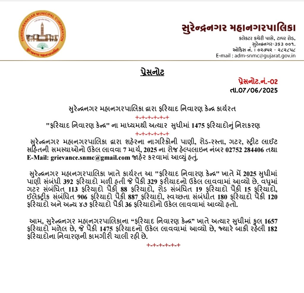 Surendranagar Municipal Corporation (@surendranagarmc) on Twitter photo เชซเชฐเชฟเชฏเชพเชฆ เชจเชฟเชตเชพเชฐเชฃ เชเซเชเชฆเซเชฐ, เชธเซเชฐเซเชจเซเชฆเซเชฐเชจเชเชฐ เชฎเชนเชพเชจเชเชฐเชชเชพเชฒเชฟเชเชพ เชเชพเชฎเชเซเชฐเซ.
เชฌเชพเชเซ เซงเซฎเซจ เชซเชฐเชฟเชฏเชพเชฆเซ เชจเชฟเชเชพเชฒ เชชเซเชฐเซเชธเซเชธ เชฎเชพเช เชเซ.
เชฌเชพเชเซ เชซเชฐเชฟเชฏเชพเชฆเซ เชจเซเชคเชฟ เชตเชฟเชทเชฏเช เช
เชฅเชตเชพ เชเชฏเซเชเชจ เชฎเชพเช เชเซ.
<a href="/CollectorSRN/">Collector Surendranagar</a> <a href="/Info_SNagar_GoG/">Info Surendranagar GoG</a> เชซเชฐเชฟเชฏเชพเชฆ เชจเชฟเชตเชพเชฐเชฃ เชเซเชเชฆเซเชฐ, เชธเซเชฐเซเชจเซเชฆเซเชฐเชจเชเชฐ เชฎเชนเชพเชจเชเชฐเชชเชพเชฒเชฟเชเชพ เชเชพเชฎเชเซเชฐเซ.
เชฌเชพเชเซ เซงเซฎเซจ เชซเชฐเชฟเชฏเชพเชฆเซ เชจเชฟเชเชพเชฒ เชชเซเชฐเซเชธเซเชธ เชฎเชพเช เชเซ.
เชฌเชพเชเซ เชซเชฐเชฟเชฏเชพเชฆเซ เชจเซเชคเชฟ เชตเชฟเชทเชฏเช เช
เชฅเชตเชพ เชเชฏเซเชเชจ เชฎเชพเช เชเซ.
<a href="/CollectorSRN/">Collector Surendranagar</a> <a href="/Info_SNagar_GoG/">Info Surendranagar GoG</a>