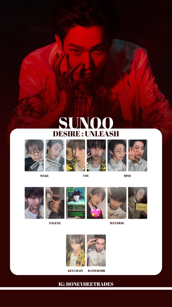 ENHYPEN DESIRE UNLEASH ENGENE weverse album 特典 トレカ 交換 エナプ ジョンウォン ヒスン ジェイ ジェイク ニキ HMV タワレコ ラキドロ

譲 画像

求 ソヌ 💖

リプ又はDMお待ちしております🙇🏻‍♀️