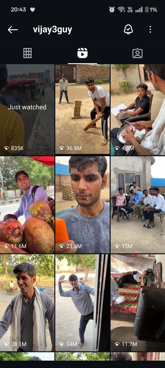 Vijay3guy probably has the most views on an Indian channel without ig studios, professional teams or boosts. Amazing, simple and non vulgar scripts. His reels average over 10-15 million views. Bro is legendary 🔥