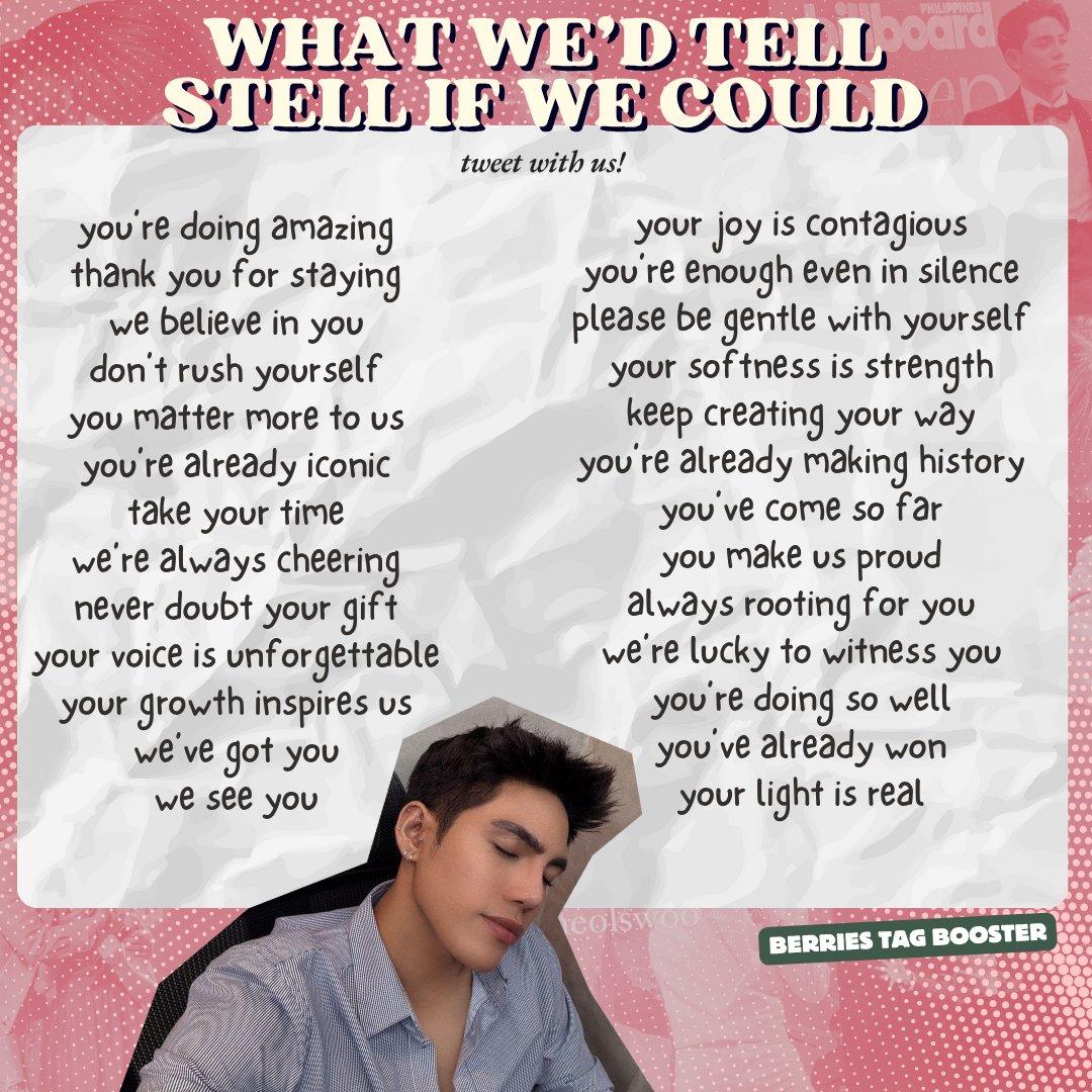 BERRIES TAG BOOSTER 🍓 (@svabooster) on Twitter photo 🍓CHECKPOINT🍓
Reply as many phrases as you see below with tags!
🔒800 REPLIES
OUR SUNshine BOY STELL
<a href="/stellajero_/">Stell Ajero</a> #Stell
#8DaysTilStellDay 🍓CHECKPOINT🍓
Reply as many phrases as you see below with tags!
🔒800 REPLIES
OUR SUNshine BOY STELL
<a href="/stellajero_/">Stell Ajero</a> #Stell
#8DaysTilStellDay