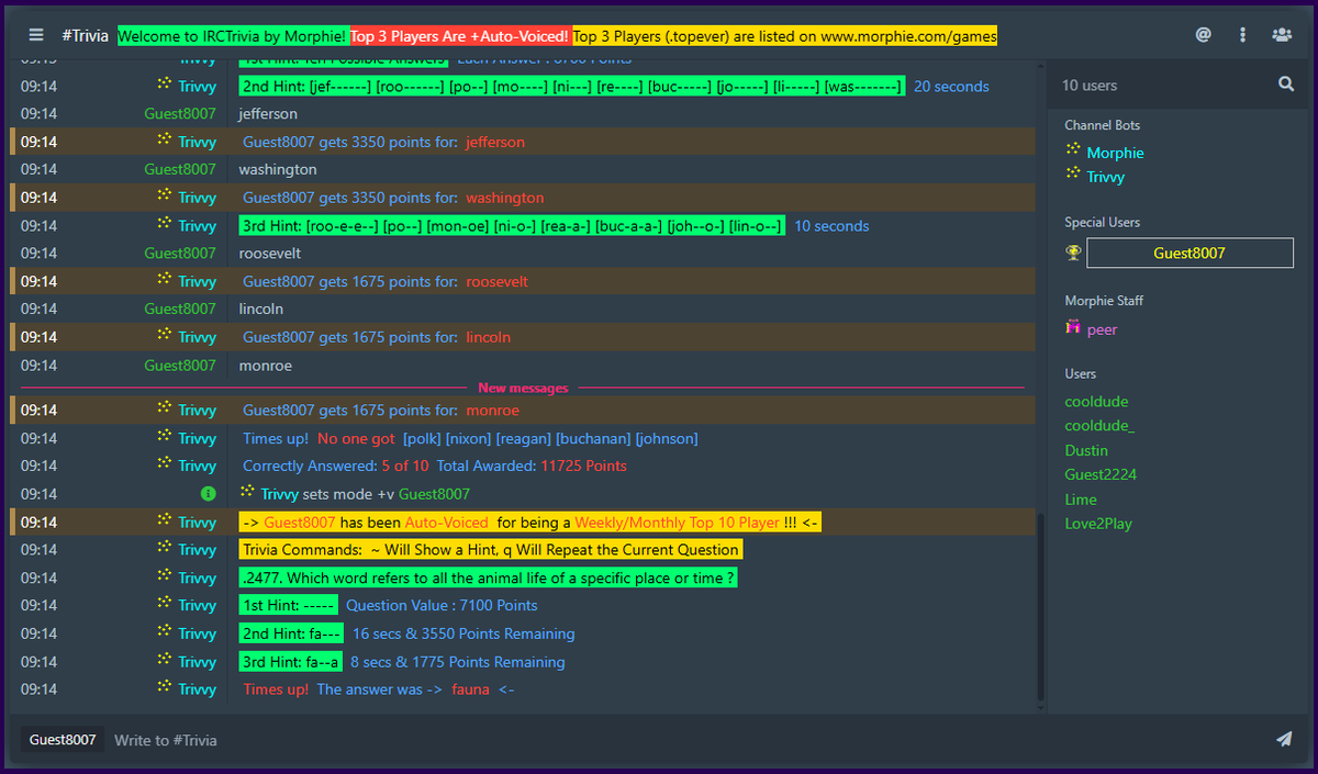 MorphieIRC's tweet photo. Our new userlist update is now active! Come check it out in our IRC Trivia game room! #IRCNetwork #Trivia #TriviaNight https://t.co/bmb73oPWDz