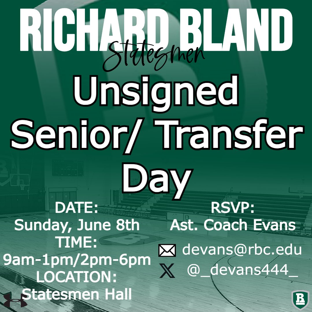 Cabrera (@coachwcabrera) on Twitter photo Tomorrow is our SR/Transfer Day. Over 16 states registered and 2 Canadians arriving ✅More than 10 schools either working or confirmed in attendance✅. An OPPORTUNITY for a scholarship✅
See you all bright and early
<a href="/RBCMBB/">Richard Bland College Men’s Basketball</a> <a href="/_devans444_/">Dylan Evans</a>
#GoStatesmen⚫️🟢 Tomorrow is our SR/Transfer Day. Over 16 states registered and 2 Canadians arriving ✅More than 10 schools either working or confirmed in attendance✅. An OPPORTUNITY for a scholarship✅
See you all bright and early
<a href="/RBCMBB/">Richard Bland College Men’s Basketball</a> <a href="/_devans444_/">Dylan Evans</a>
#GoStatesmen⚫️🟢