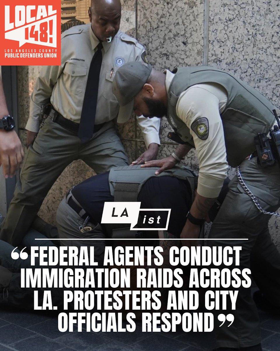 LApubdefunion's tweet image. 🚨 ICE raids in LA are tearing families apart. Public defenders stand in solidarity with LA's immigrant community, and with the protesters that were targeted last night with pepper spray and flash bang grenades. #ImmigrantRights
laist.com/news/federal-a…