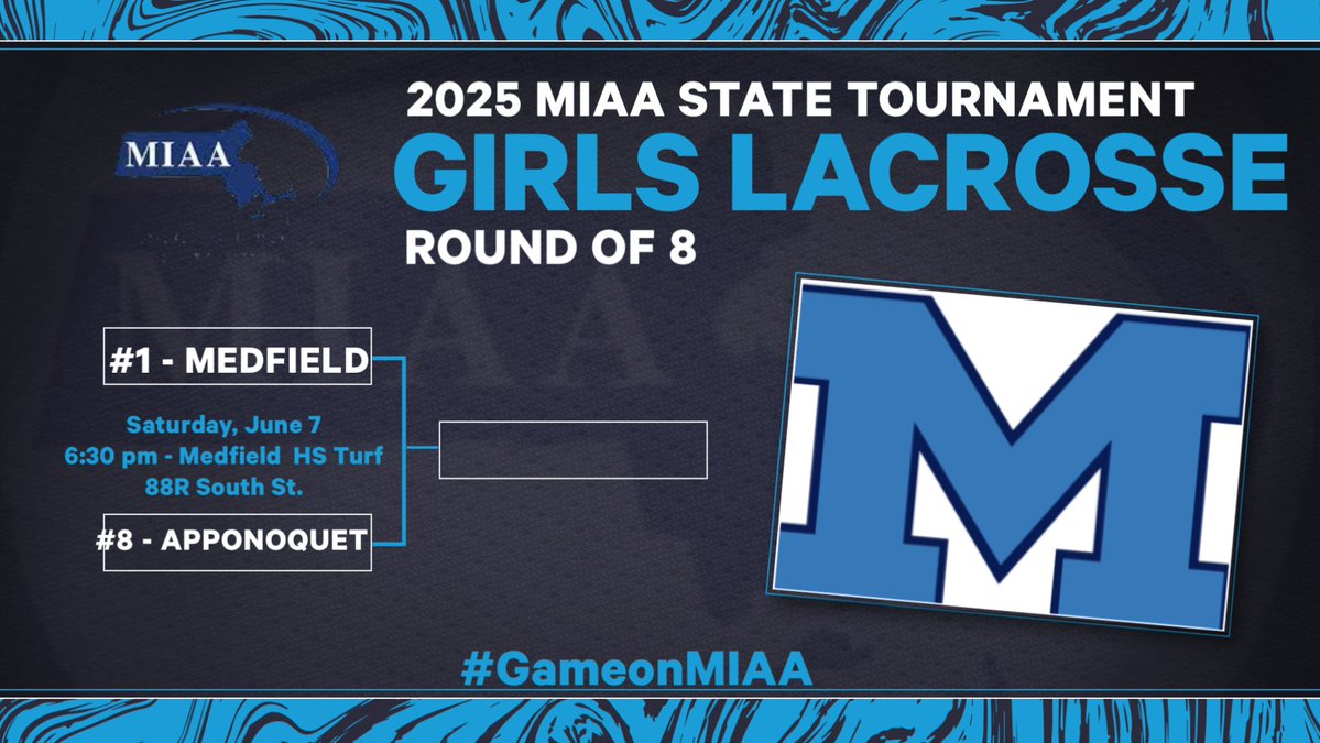 Medfield Athletics (@medfieldad) on Twitter photo Time change 🚨 ‼️
D3 @MIAA033Girls Lacrosse 🥍 Rd of 8:
<a href="/MedGlax/">Medfield Girls Lax</a> (#1) vs. <a href="/arhslakers/">Arhslakers</a> (#8)
📅 - Sat (6/7)
🕞 - 6:30
📌 - MHS Turf
🎟️ - GoFan.Co (only)
<a href="/coachmace/">Michael Mason</a> <a href="/TVLSportsMa/">TVL Sports Updates</a> <a href="/HometownWeekly/">Hometown Weekly</a> <a href="/MetroWestSports/">Daily News Sports</a> <a href="/GlobeSchools/">Boston Globe Schools</a> <a href="/BostonHeraldHS/">Danny Ventura</a> <a href="/BConn63/">Brendan Connelly</a> Time change 🚨 ‼️
D3 @MIAA033Girls Lacrosse 🥍 Rd of 8:
<a href="/MedGlax/">Medfield Girls Lax</a> (#1) vs. <a href="/arhslakers/">Arhslakers</a> (#8)
📅 - Sat (6/7)
🕞 - 6:30
📌 - MHS Turf
🎟️ - GoFan.Co (only)
<a href="/coachmace/">Michael Mason</a> <a href="/TVLSportsMa/">TVL Sports Updates</a> <a href="/HometownWeekly/">Hometown Weekly</a> <a href="/MetroWestSports/">Daily News Sports</a> <a href="/GlobeSchools/">Boston Globe Schools</a> <a href="/BostonHeraldHS/">Danny Ventura</a> <a href="/BConn63/">Brendan Connelly</a>
