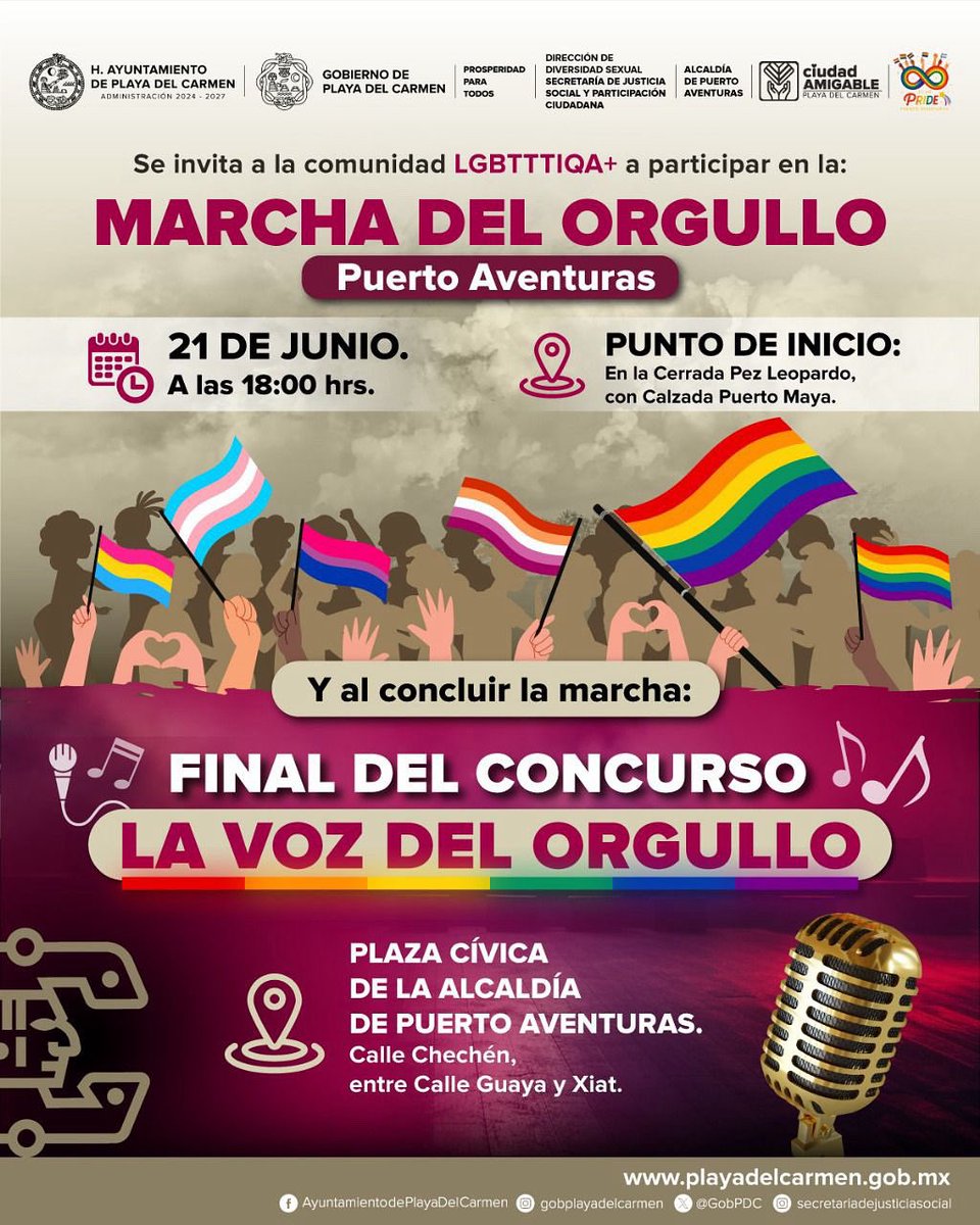🏳️‍🌈 ¡Puerto Aventuras marcha con orgullo!

Este 21 de junio a las 6:00 p.m. acompáñanos en la #MarchaDelOrgullo.

📍 Inicio: Cerrada Pez Leopardo

🎤 Cierre: Final de #LaVozDelOrgullo en la Plaza Cívica.

#PridePuertoAventuras2025 #CiudadAmigable #PlayaDelCarmen