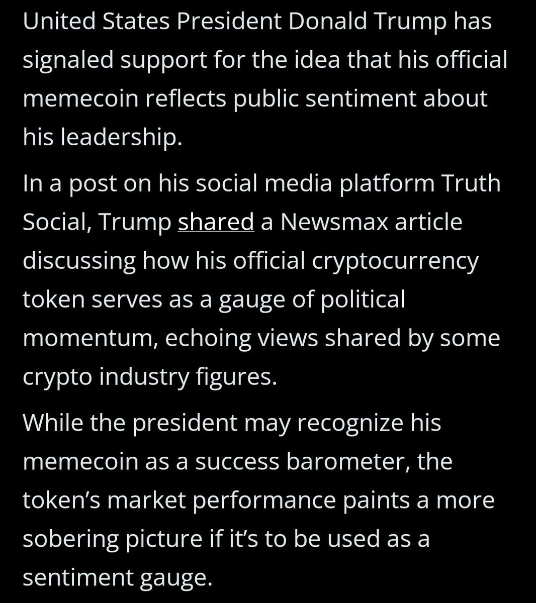 opu1enceku1tur3's tweet photo. Trump seems to recognize his official memecoin, down 85% from its all-time high, as a tool to measure public sentiment. #memecoin #Trumpcoin #CryptoNews https://t.co/CSRDBfQduH
