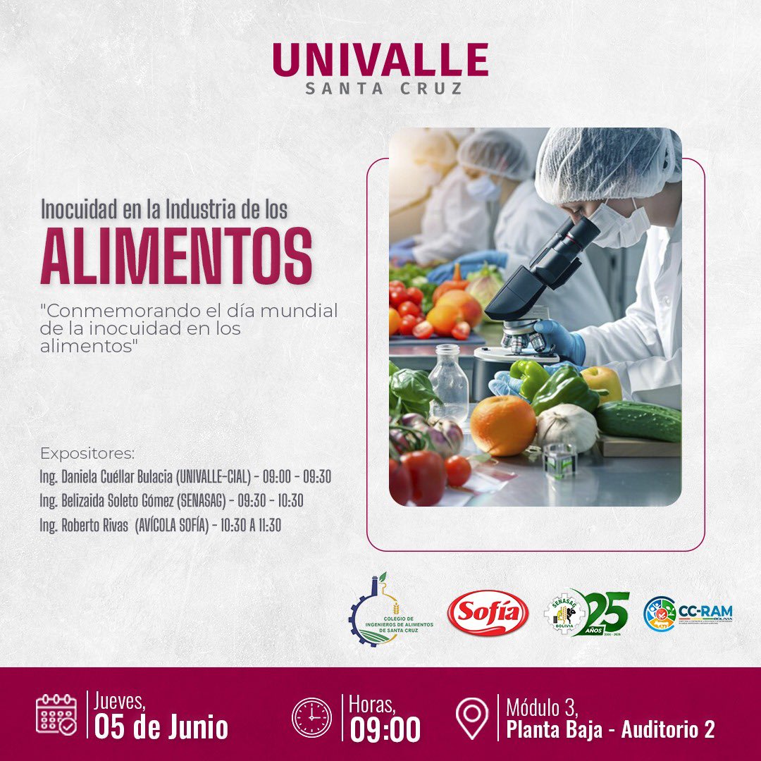 danicubu's tweet photo. 📌 👣 Objetivo: Promover la conciencia sobre la importantacia de la aplicación de estándares de Inocuidad Alimentaria en la cadena de suministro de alimentos “de granja a mesa”
#CulturaDeInocuidad #Univalle #CIAL #CC-RAM #Sofia #Senasag #IndustriaAlimentos #Ingenieria #SantaCruz https://t.co/10lzmWYj8B