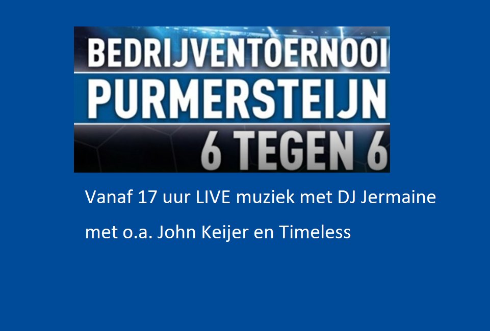Op zaterdag 14 juni vanaf 15:00 uur organiseren wij weer het Purmersteijn Bedrijventoernooi (6 tegen 6). Na afloop vanaf 17 uur weer een gezellige avond met diverse artiesten. Toegang is gratis voor iedereen.
purmersteijn.eu/1/2523/bedrijv…