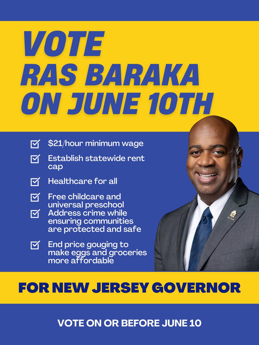 NJ, don’t forget to VOTE for Ras Baraka by June 10!
Baraka is fighting for:
✅ Fair wages
✅ Rent caps
✅ Universal healthcare, preschool &amp; childcare
✅ Affordable groceries
A proven leader who’ll stand up to MAGA &amp; protect YOUR rights.