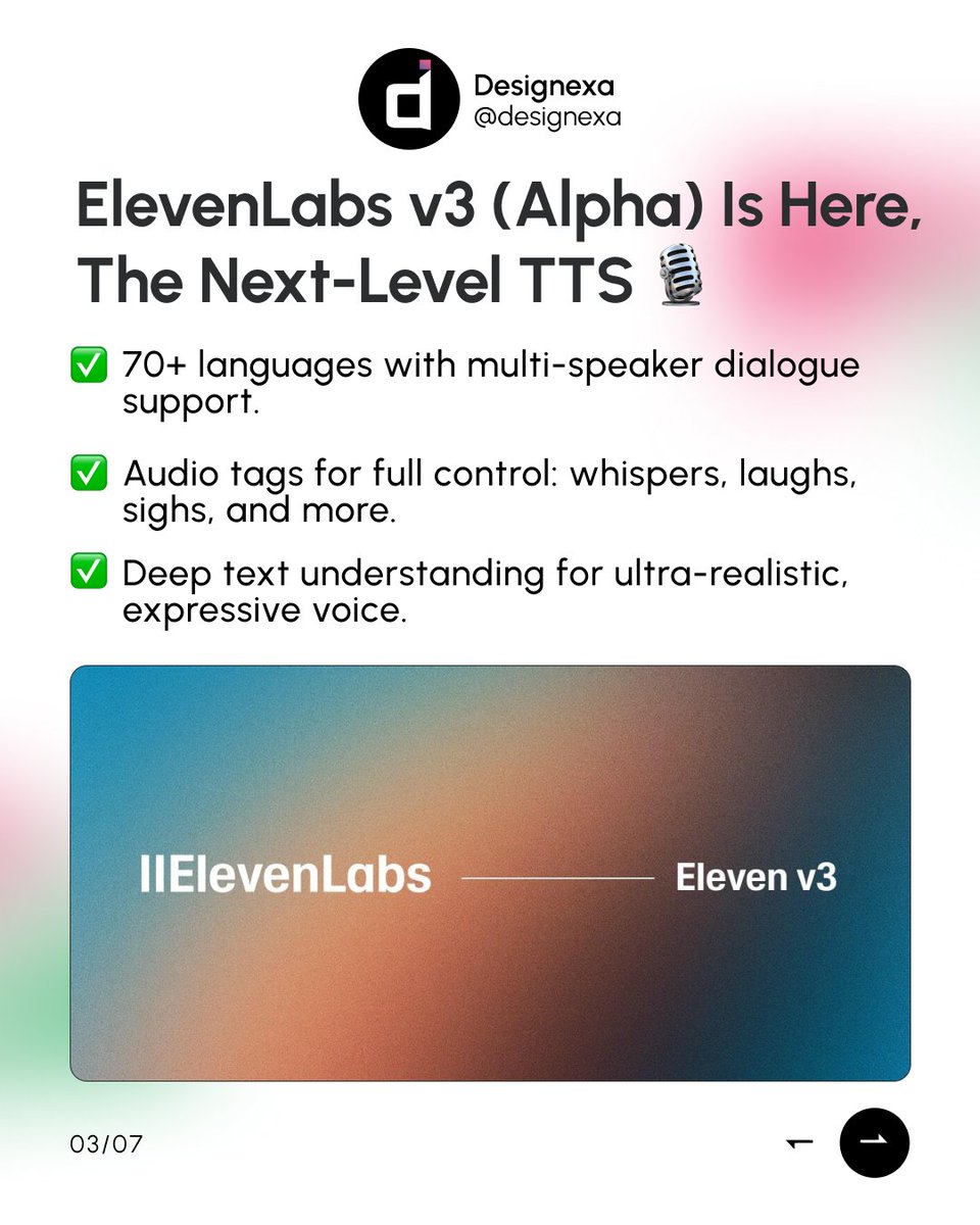 designexa's tweet photo. This Week in AI World: Create Faster, Smarter, Better.

From HeyGen’s powerful AI Studio and ElevenLabs v3 to cinematic video edits with Modify, smarter voice control, and Topaz’s Bloom upscaling, this week’s tools are all about leveling up your creative flow. https://t.co/1PFDx74OF2
