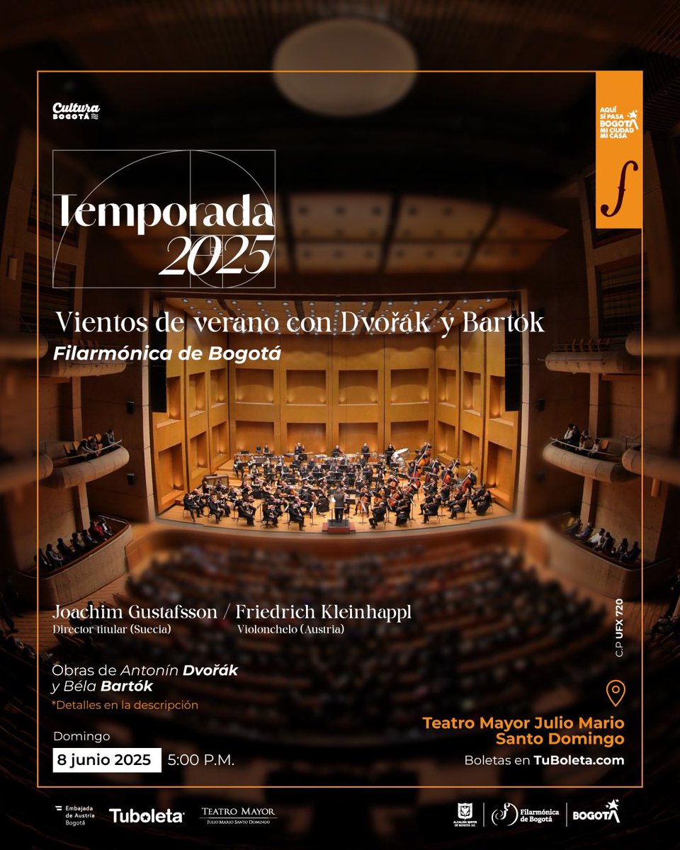 Orquesta Filarmónica de Bogotá (@filarmonibogota) on Twitter photo ☀️Este fin de semana el plan es en el <a href="/teatromayor/">Teatro Mayor JMSD</a>. Dvořák y Bartók con la Filarmónica de Bogotá.
🎻 Dirige <a href="/JoachimGustafs3/">Joachim Gustafsson</a> y el chelista Friedrich Kleinhappl como solista.
📅 Domingo 8 de junio, 5:00 p. m.
🎟 Boletas aquí 👇🏼
acortar.link/3xFiN5
<a href="/davidgarciarod/">David García</a> ☀️Este fin de semana el plan es en el <a href="/teatromayor/">Teatro Mayor JMSD</a>. Dvořák y Bartók con la Filarmónica de Bogotá.
🎻 Dirige <a href="/JoachimGustafs3/">Joachim Gustafsson</a> y el chelista Friedrich Kleinhappl como solista.
📅 Domingo 8 de junio, 5:00 p. m.
🎟 Boletas aquí 👇🏼
acortar.link/3xFiN5
<a href="/davidgarciarod/">David García</a>