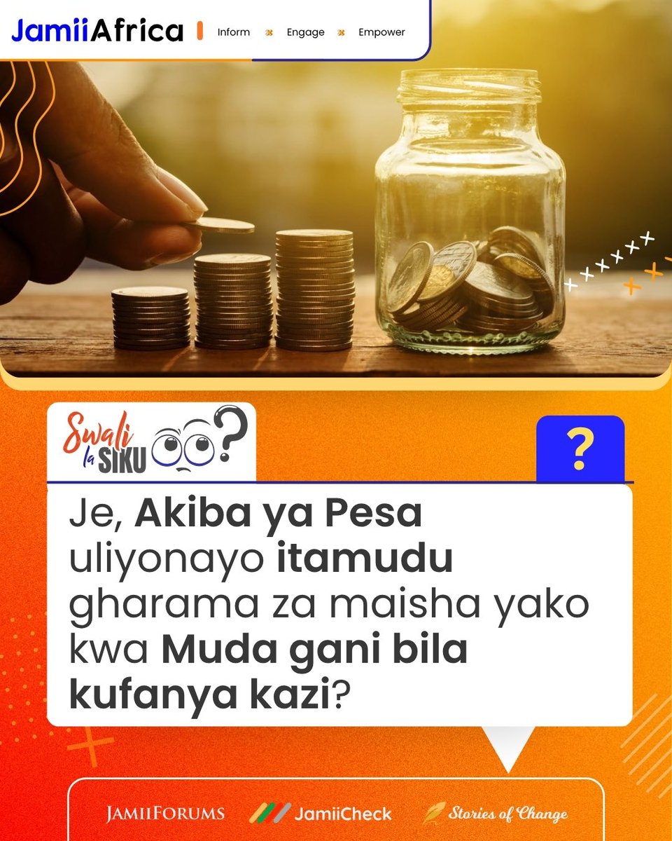 JamiiForums's tweet photo. Vipi Mpambanaji, bila kazi wala Biashara yoyote, Akiba uliyonayo unaweza kumudu gharama za Maisha kwa muda gani?
Shiriki Mjadala huu https://t.co/ZBRyuZoEMn
#JamiiAfrica #JamiiForums #JFChitChats #JFStories #Maisha https://t.co/OU5t3TfmW8