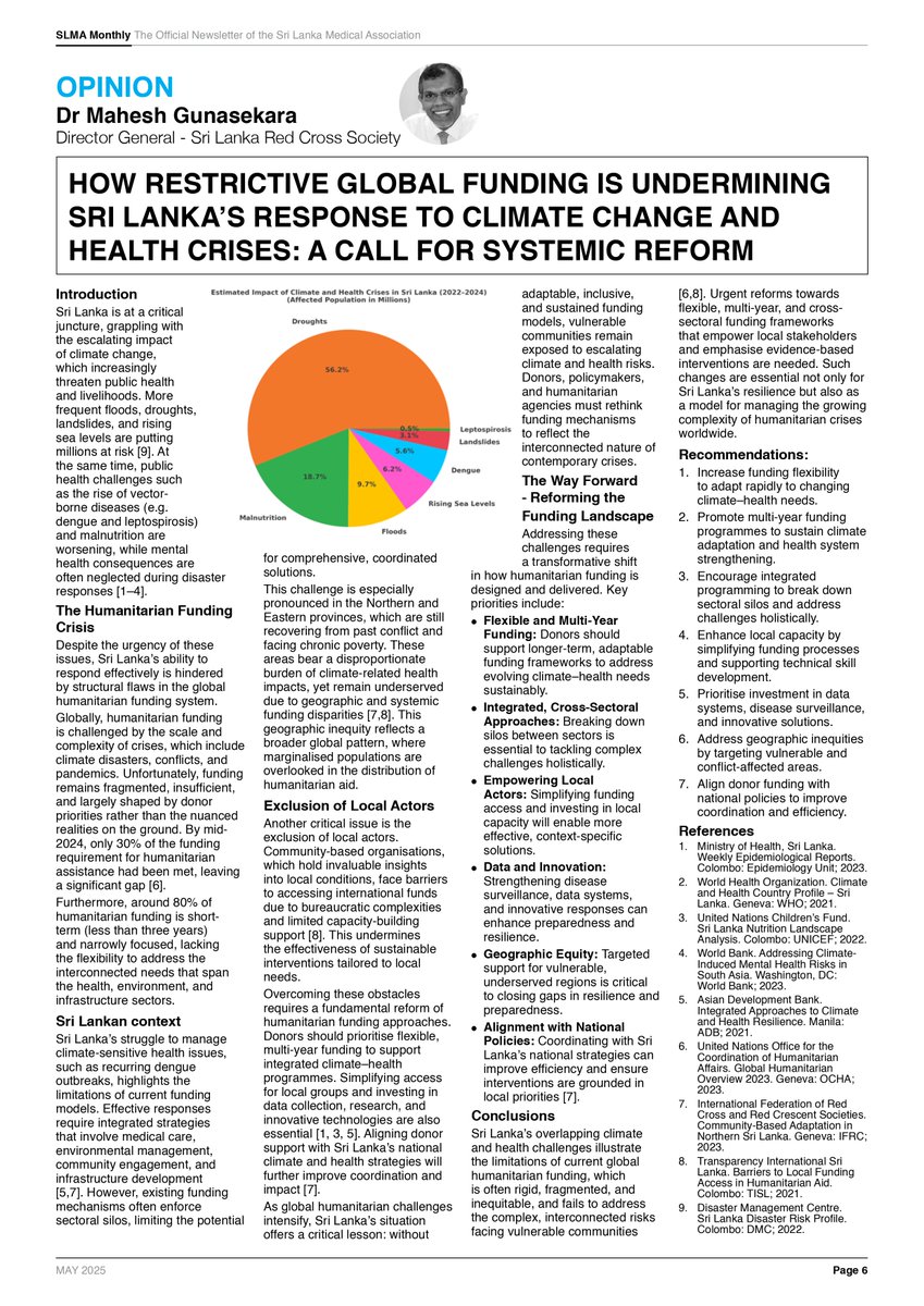 📢 Read this powerful piece by Dr. Mahesh Gunasekara, Director General of Sri Lanka Red Cross Society:
 “How Restrictive Global Funding Undermines Sri Lanka’s Response to Climate Change &amp; Health Crises”
📍 Published in SLMA Monthly Newsletter – May 2025 | Vol. 18
