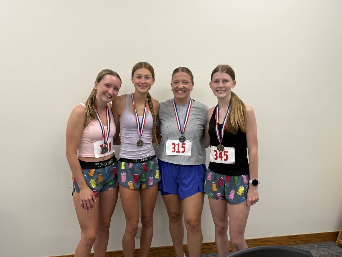 Brooklyn, Katy, and Reagan represented the XC team well with a clean sweep of their age range at the Springfield Days 5k this morning! Great job ladies! (Even their older, slower coach got in on the fun!😂)