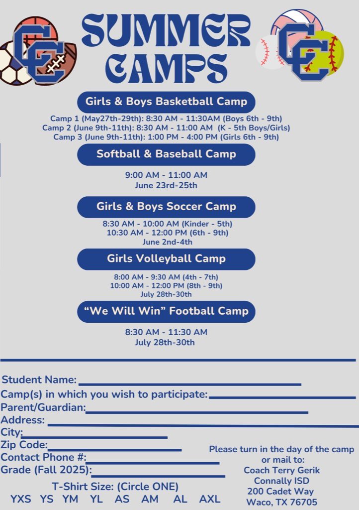 Waco Connally Girls Basketball🏀 (@ladycadet_hoops) on Twitter photo 🚨CAMP WEEK🚨
June 9-11
K-5: 8:30am-11am at Connally Primary
6-9: 1-4pm at Connally High School
Hope to see you there🤩🏀💙 #NDNR
<a href="/ConnallyISD/">Connally ISD</a> <a href="/connally_hs/">Connally High School</a> 🚨CAMP WEEK🚨
June 9-11
K-5: 8:30am-11am at Connally Primary
6-9: 1-4pm at Connally High School
Hope to see you there🤩🏀💙 #NDNR
<a href="/ConnallyISD/">Connally ISD</a> <a href="/connally_hs/">Connally High School</a>
