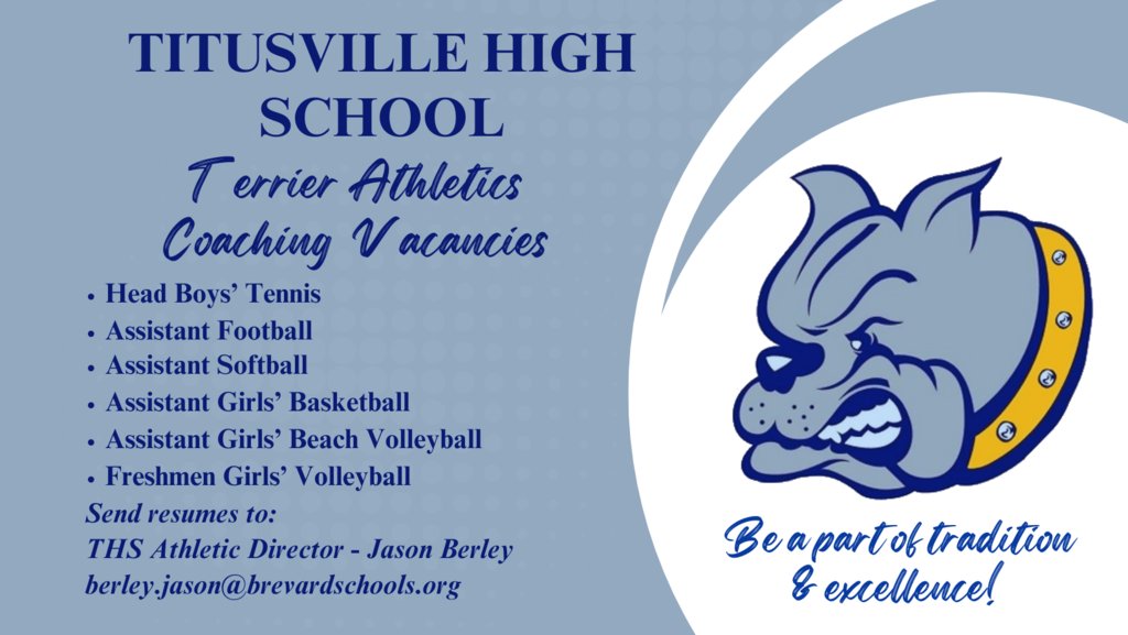 THS Coaching Vacancies. Please share. If interested, reach out to BerleylJason@brevardschools.org