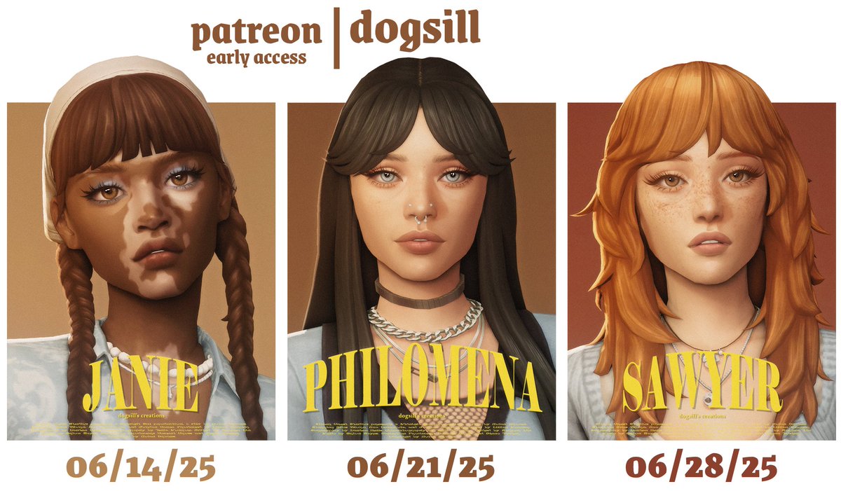 my june hairs are available for early access now!
their public release dates are under their pics!☀️

#sims4 #s4cc #thesims4 #ts4 #ts4cc