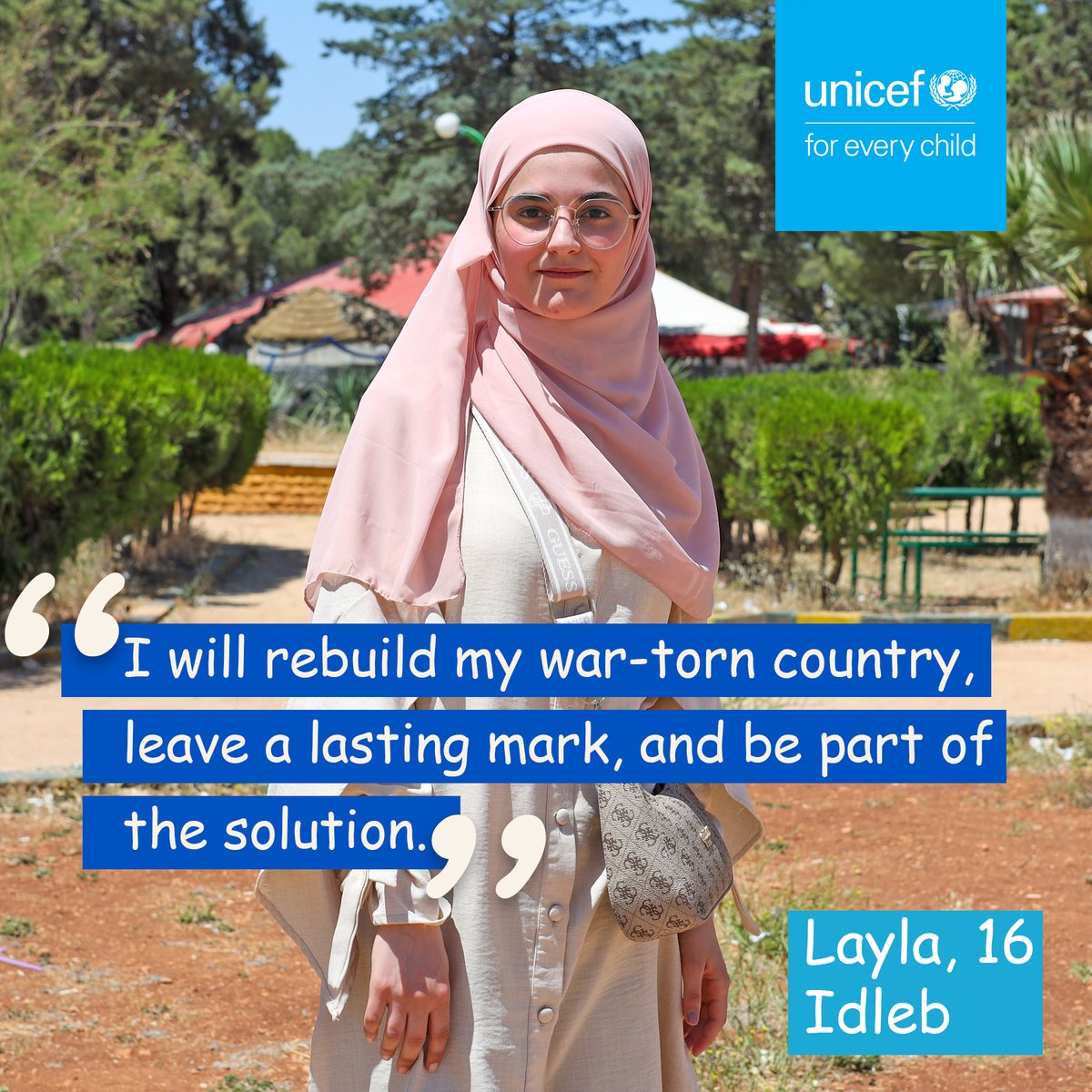 “I will rebuild my war-torn country, leave a lasting mark, and be part of the solution,” says Layla, 16, from Idleb.

As #Syria sees historic change, #hope is returning for millions.

#UNICEF stands with every #child, every step of the way.

#ForEveryChild, every right.