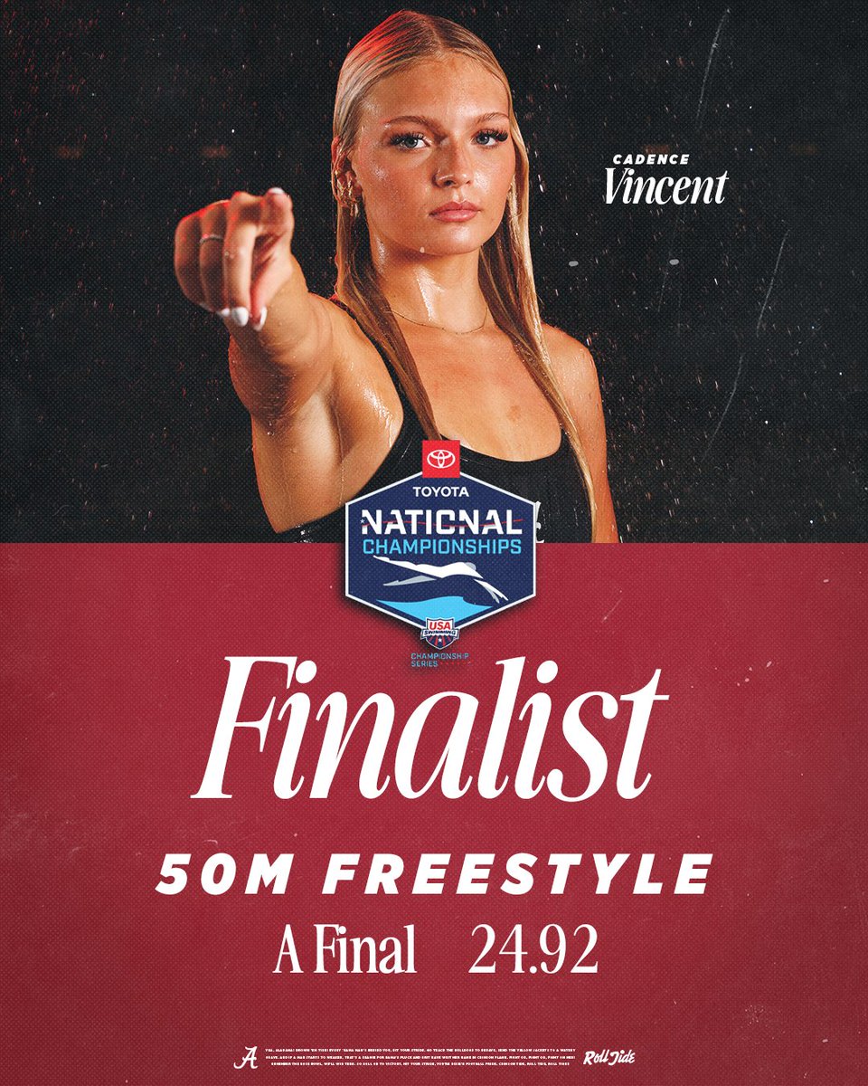AlabamaSwimDive's tweet image. A Finals‼️
Cadence Vincent turns in a 24.92 to claim her spot in
the championship heat of the 50m freestyle 😤
#RollTide #BamaSpeed