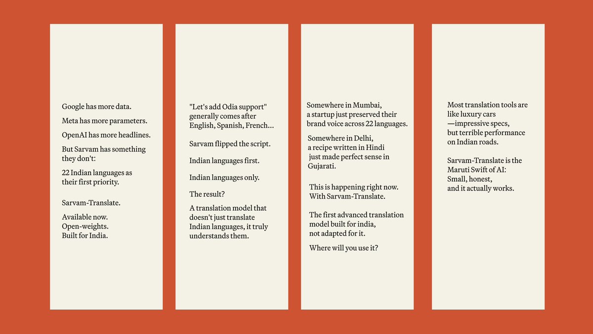 manasjsaloi's tweet image. Sarvam-Translate, an open weights model that translates text across 22 Indian languages is out now.
Good job @SarvamAI team.