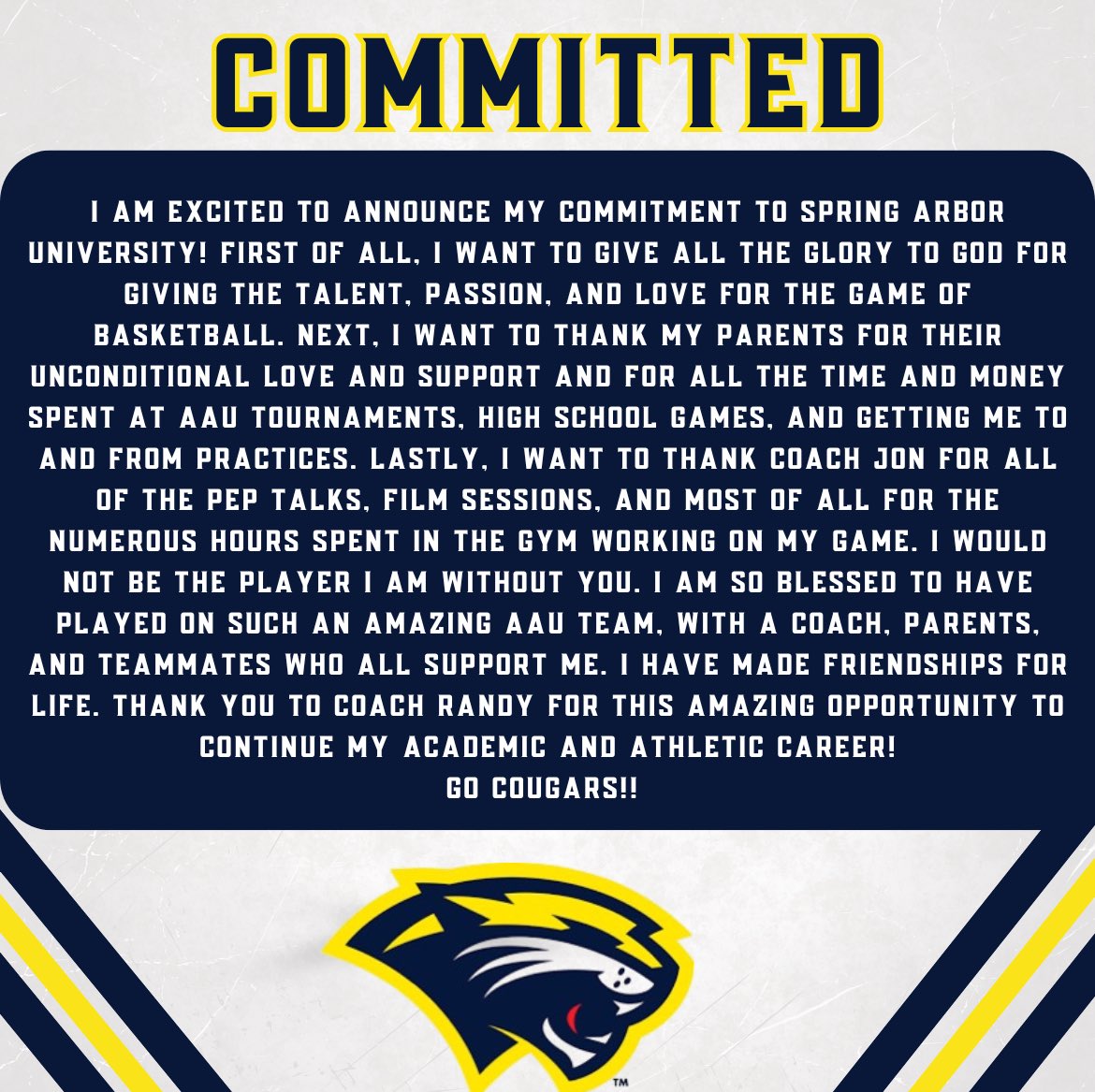 Karlie Kimerer (@kimerer_karlie) on Twitter photo So excited to announce my commitment to SAU!!
#committed #gocougars 💙💛 <a href="/SAUCougarsWBB/">Spring Arbor Women's Basketball</a> <a href="/SRandallField1/">S. Randall Field</a> <a href="/JW4coach/">John M. Williams IV</a> <a href="/MichiganCobras/">Michigan Cobras Basketball</a> <a href="/ladycatsbball23/">OnstedGirlsBasketball</a> <a href="/coachjonny4/">Jon Hovermale</a> So excited to announce my commitment to SAU!!
#committed #gocougars 💙💛 <a href="/SAUCougarsWBB/">Spring Arbor Women's Basketball</a> <a href="/SRandallField1/">S. Randall Field</a> <a href="/JW4coach/">John M. Williams IV</a> <a href="/MichiganCobras/">Michigan Cobras Basketball</a> <a href="/ladycatsbball23/">OnstedGirlsBasketball</a> <a href="/coachjonny4/">Jon Hovermale</a>