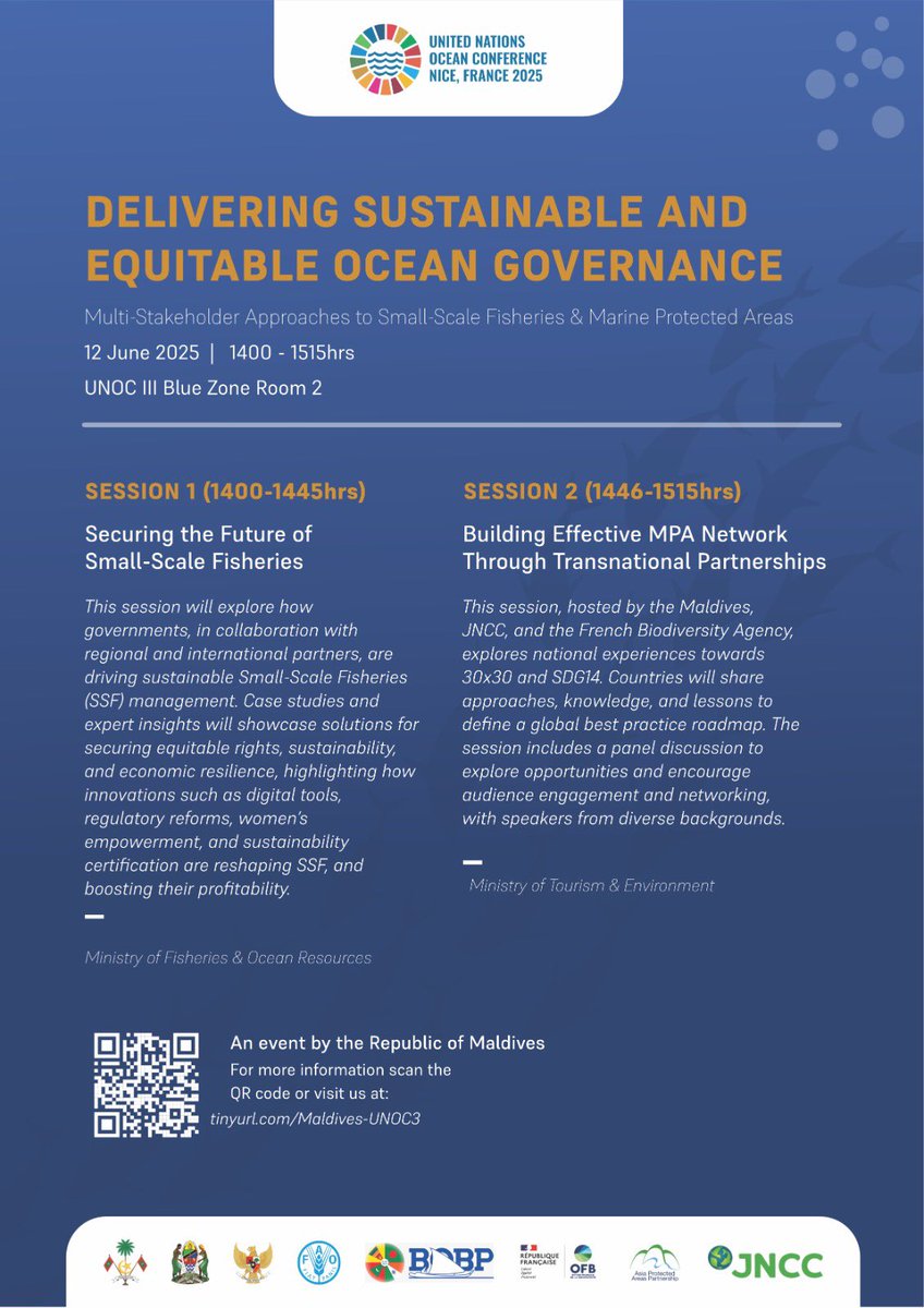 MFORmv's tweet image. Join us at #UNOC3 for our side event on &quot;Delivering Sustainable and Equitable Ocean Governance&quot;.
12 June 2025 | 14:00–15:15hrs
Blue Zone, Room 2
More info: tinyurl.com/Maldives-UNOC3

#UNOceanConference #UNOC3  #RaajjeinUNOC3