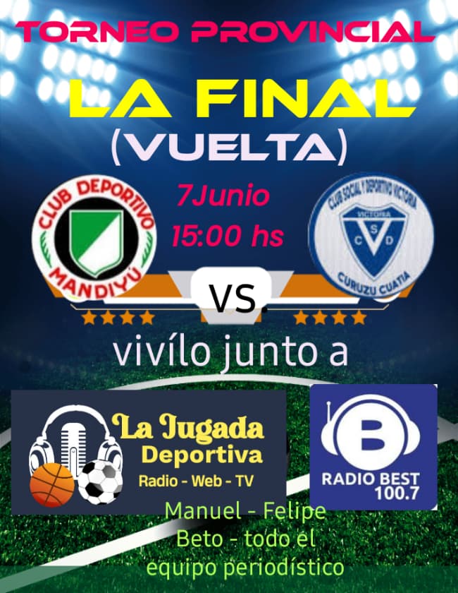 Hoy vuelvo a la radio junto a Marulo Manuel Acosta 
Para trasmitir la gran final del #Provincial entre <a href="/CDMandiyu/">Deportivo Mandiyú</a> ante @CDeportivoVictoria de #CuruzuCuatia 
Por FM Best 100.7