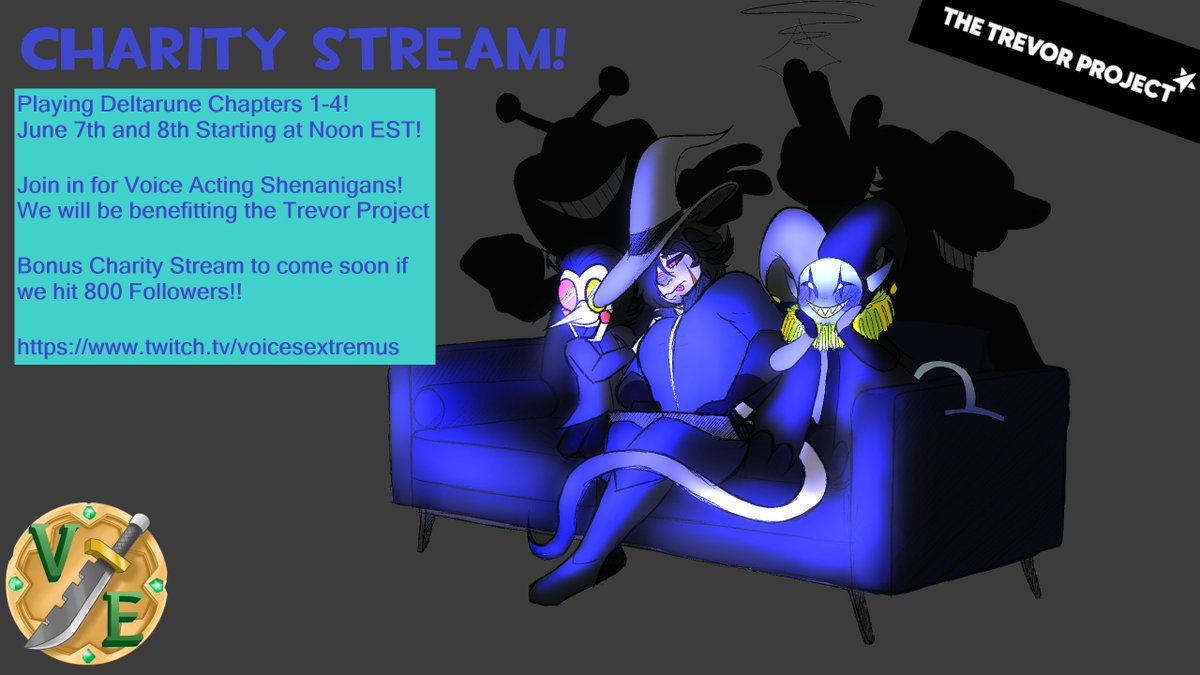 IT IS TIME! The #DELTARUNE  Charity Stream for <a href="/TrevorProject/">The Trevor Project</a>  Begins NOW!! Let's see how much I remember about Chapter 1 and 2 before we get to the new stuff!! Join in for SHENANIGANS!!
twitch.tv/voicesextremus