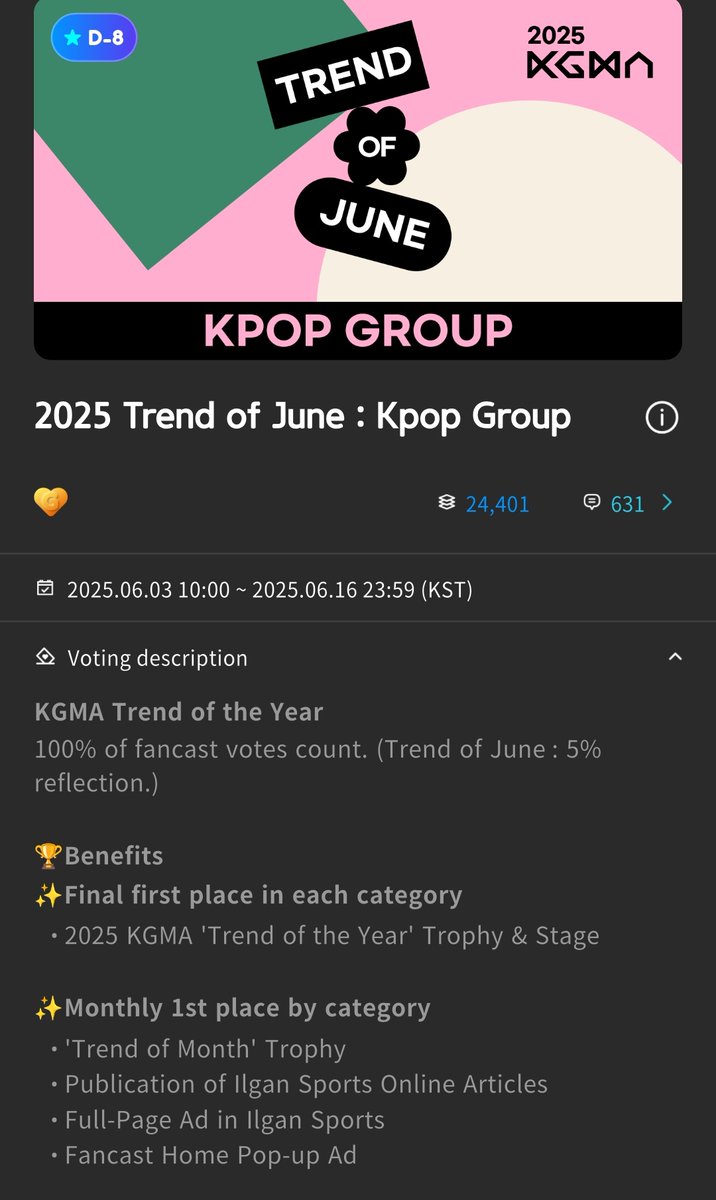 Good job bunnies! Keep voting and let’s grow that lead even more. This vote is really important, so stay focused!!
Share it with more bunnies so they can join too🐰

“2025 Trend of June : Kpop Group“ Voting is heating up🔥

Now, Rank 1 #NewJeans 🏃

🔗fancast.page.link/tRwf