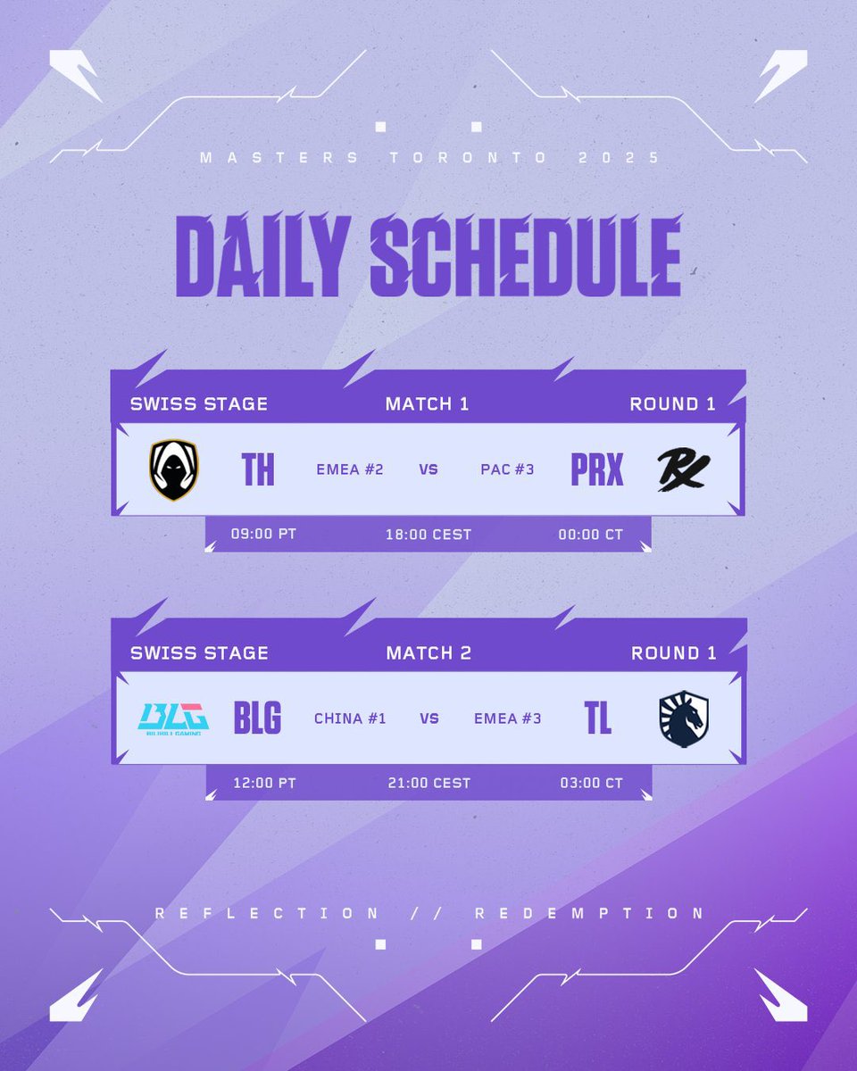 Les #VALORANTMasters Toronto commencent aujourd’hui 🙌 et pour fêter ça, 2 matchs avec 2 de nos équipes EMEA 🕺

🔴 twitch.tv/valorant_fr