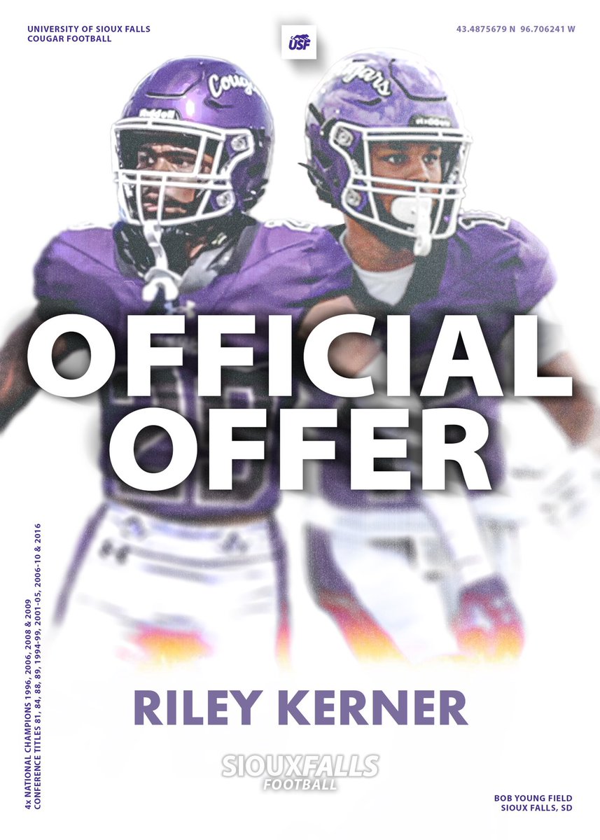 Riley Kerner (@rileykerner1) on Twitter photo After talking to <a href="/CoachLueds/">Lucas Lueders</a>, I am blessed to get an opportunity to play at the University of Sioux Falls(D2)! Thank you <a href="/USFCougarsFB/">USF Football</a> for the offer. Go Cougars! After talking to <a href="/CoachLueds/">Lucas Lueders</a>, I am blessed to get an opportunity to play at the University of Sioux Falls(D2)! Thank you <a href="/USFCougarsFB/">USF Football</a> for the offer. Go Cougars!
