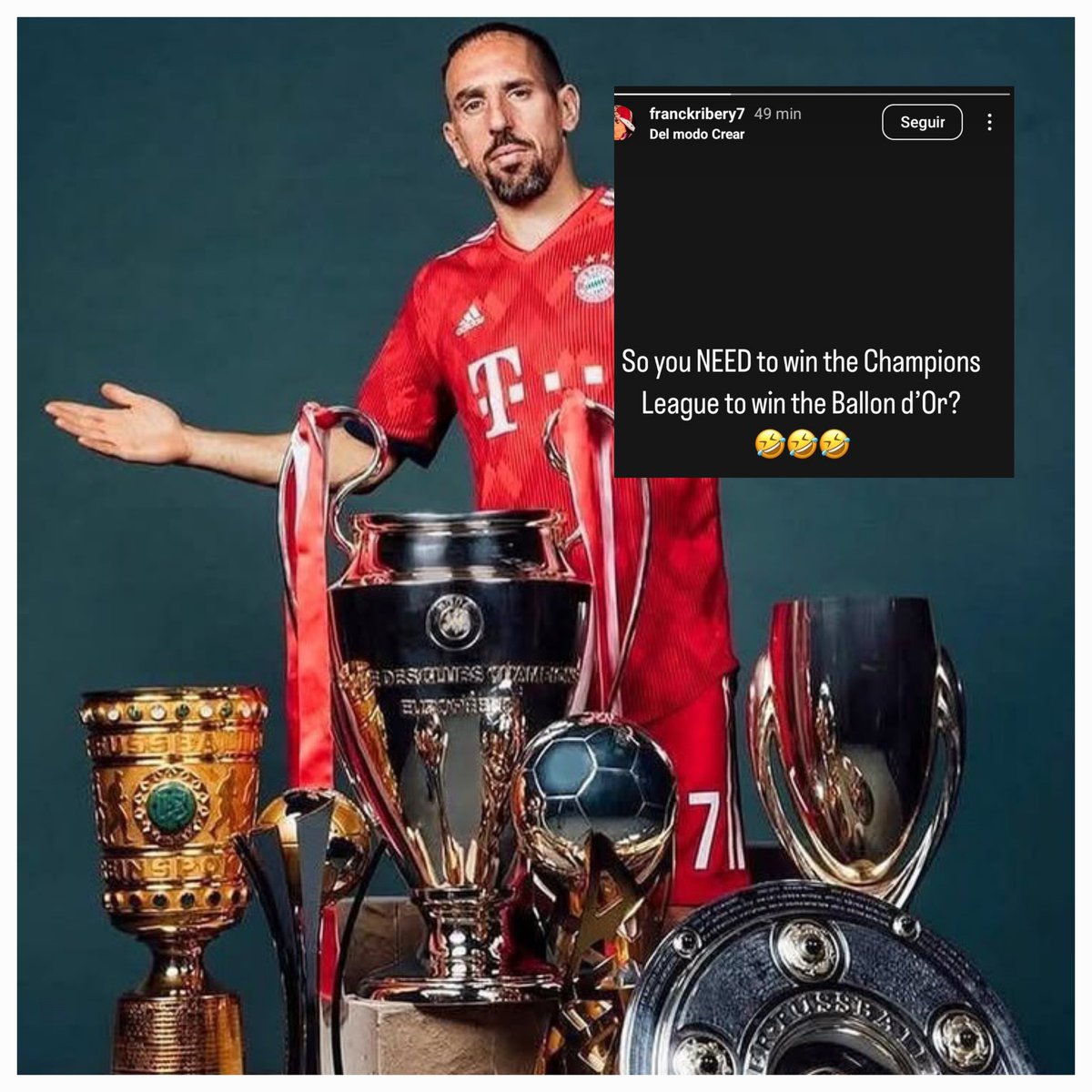 Franck Ribery lo ganó TODO en 2013. Champions incluida.

El balón de oro sin embargo se lo llevó Cristiano Ronaldo que no ganó nada.

Hoy Cristiano ha dicho que el balón de oro lo debería ganar el que se lleva la Champions y Ribery ha puesto esto en su instagram.