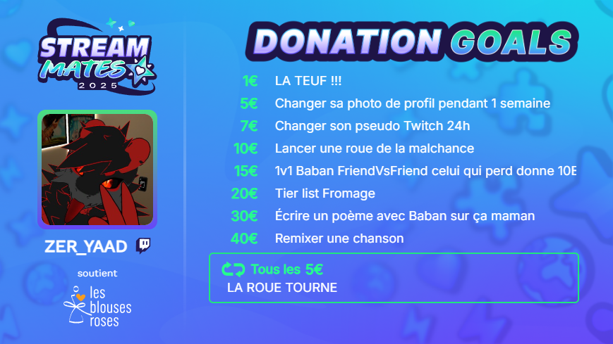 OCharretier's tweet photo. 🎉 Mes DONATION GOALS pour l'événement caritatif @StreamMatesOff sont prêts ! 💖
📅 13, 14, 15 juin 2025
📍 En live sur ma chaîne Twitch
🎗️ Au profit des Blouses Roses !
Vous retours sont les bienvenus 👇
🔁 RT pour donner + de force !
#StreamMates #TwitchFR #LesBlousesRoses https://t.co/RkSQ2KxAzn