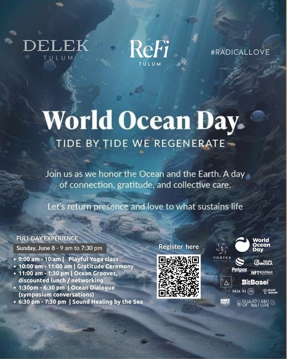 ReFiTulum's tweet image. So excited for our upcoming @WorldOceansDay, event at Delek in TULUM. It will be a beautiful day, honoring our ocean with community talks, ocean education, and regenerative activities. 💫🌊💙
@petgasmx @GaiaAIxyz @bitbaselart