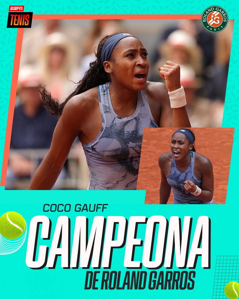 ESPNtenis's tweet photo. COCO, REINA EN PARÍS. 👑

En más de dos horas y media de pura intensidad entre la N°1 y la N°2 del mundo, 🇺🇸 Gauff lo dio vuelta y se consagró campeona tras vencer a 🇧🇾 Sabalenka por 6-7 (5), 6-2 y 6-4.

🏆 ¡Primer título de #RolandGarros y segundo Gran Slam para la joven de 22 años!

✅ Ya suma 10 títulos en su carrera.

Congrats Cory! 🙌