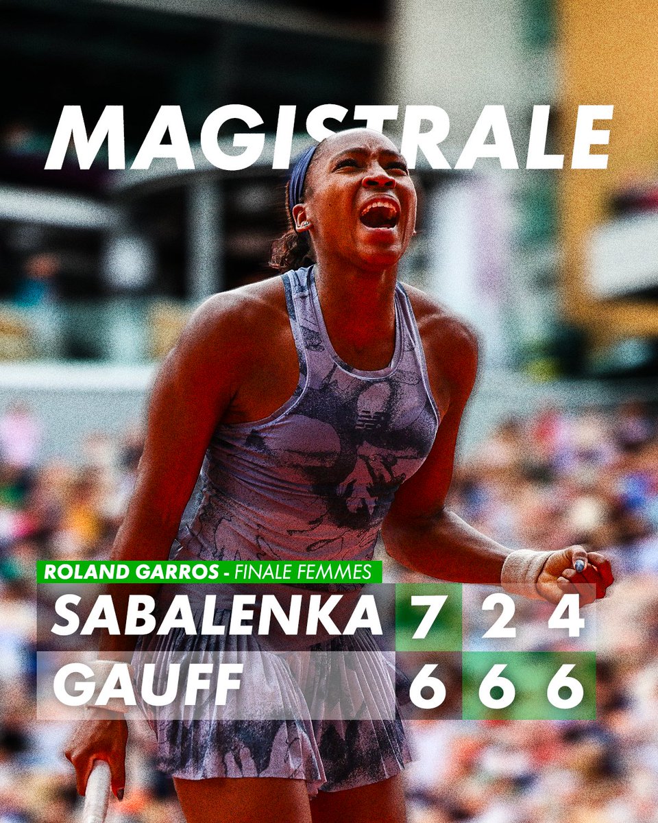 COCO GAUFF REMPORTE ROLAND-GARROS 🏆

L'Américaine, numéro 2 mondiale, renverse au mental Sabalenka pour s'offrir son premier titre à Roland dans un combat de plus de 2H30 ✨

#RolandGarros