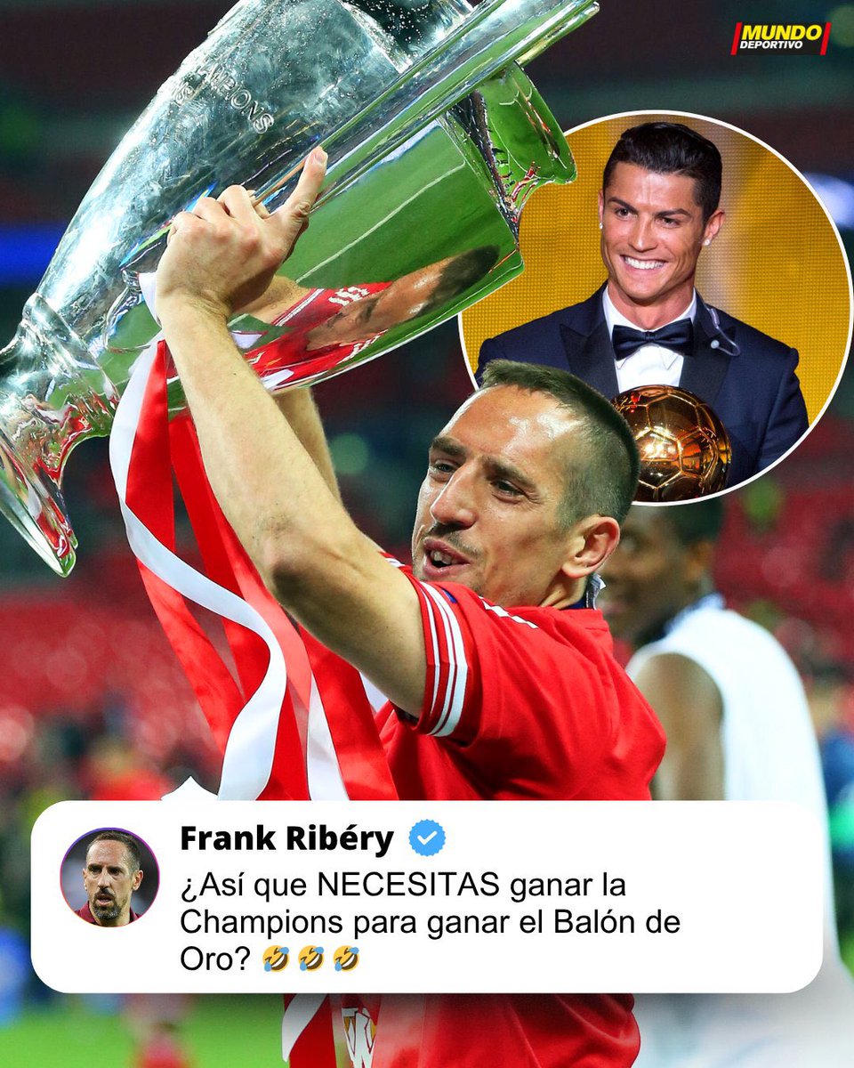 AtaqueFutbolero's tweet photo. 🗣️😳 Hoy, Cristiano Ronaldo dijo que el Balón de Oro DEBE GANARLO el que GANA la CHAMPIONS LEAGUE.

‼️ Franck Ribéry recordó aquella edición de 2013 en la que le dieron el premio a CR7 y no a él, vía Instagram:

“¿Así que NECESITAS ganar la Champions para ganar el Balón de Oro? 😂”.

Recordemos que en aquel año Ribéry terminó ¡3RO! en el BdO, pese a haber ganado Champions, Bundesliga, Supercopa de Europa, Mundial de Clubes y Pokal, y siendo el MVP de la liga, de UEFA y del MdC.

¿Opiniones? ⁉️