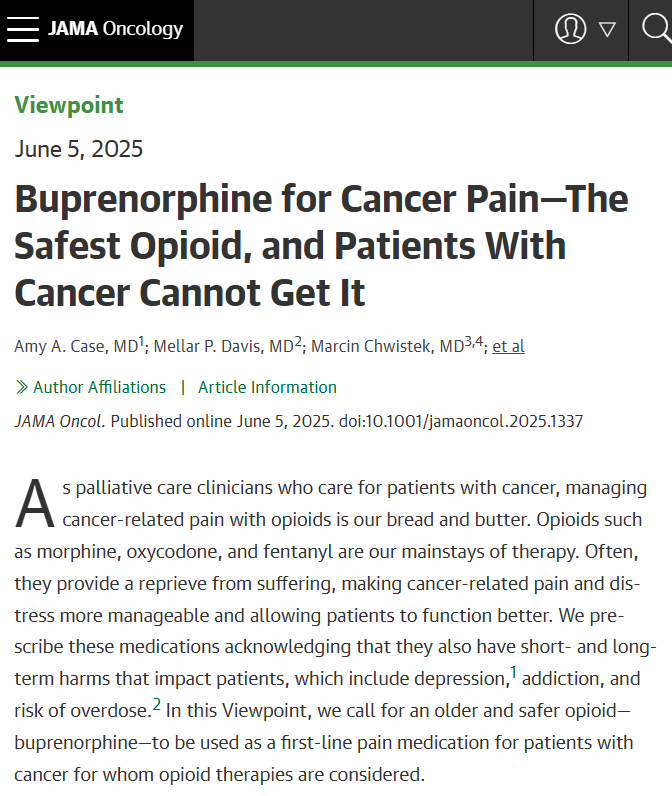 Viewpoint: As palliative care clinicians, we urge the adoption of buprenorphine as a first-line opioid for cancer pain due to its effectiveness and safety profile.

ja.ma/45bAgsQ