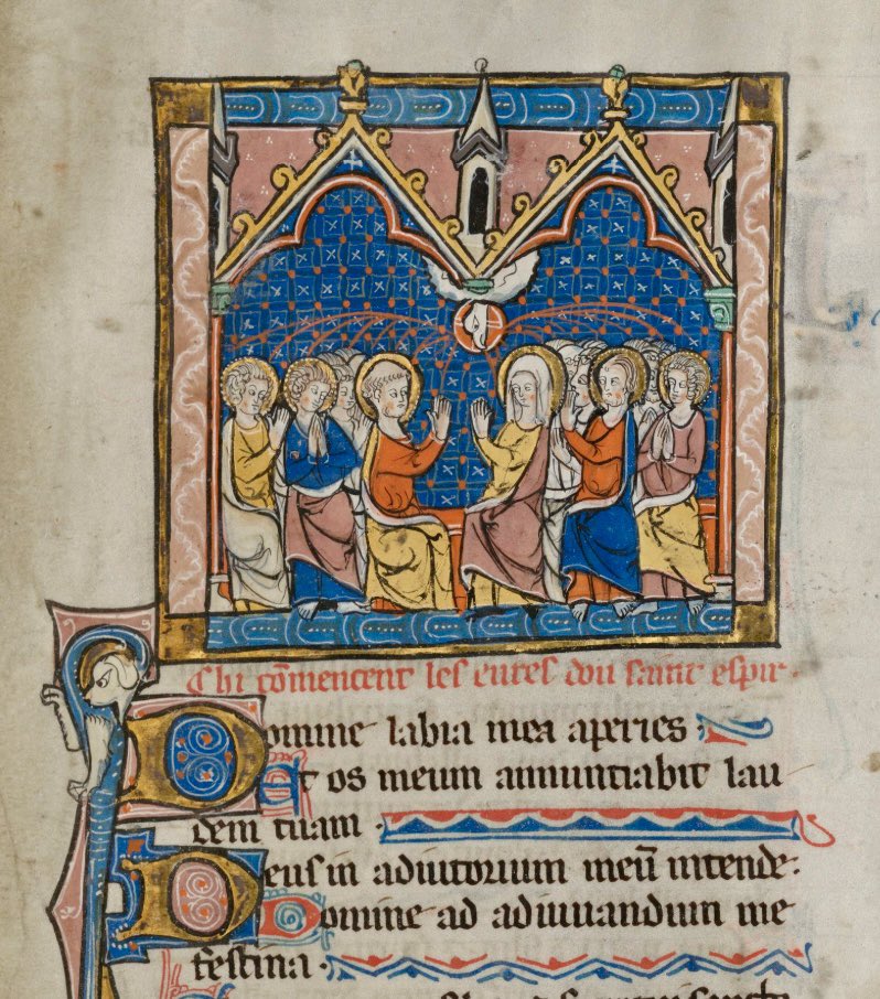 The descent of the Holy Spirit upon the Apostles and Mother Mary (f. 92r), with a monkey popping up next to the capital D

Ms. 9391 <a href="/kbrbe/">KBR</a>, Book of Hours in Latin and French, c. 1300, Northern France, bearing the coats of arms of both Hainaut and Flanders

uurl.kbr.be/1994654